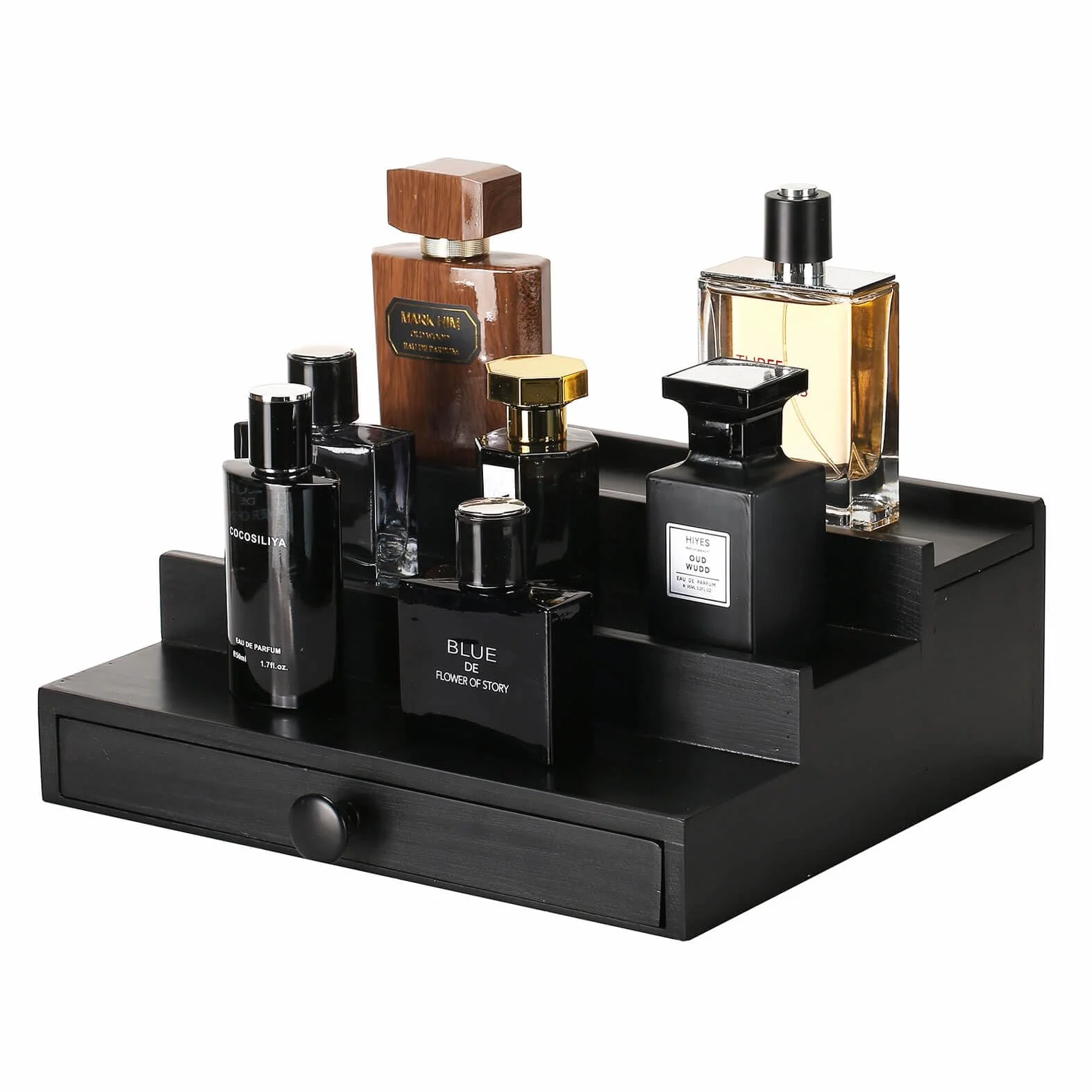 Drewniany organizer na perfumy 3-poziomowy stojak z szufladą i ukrytą przegródką
