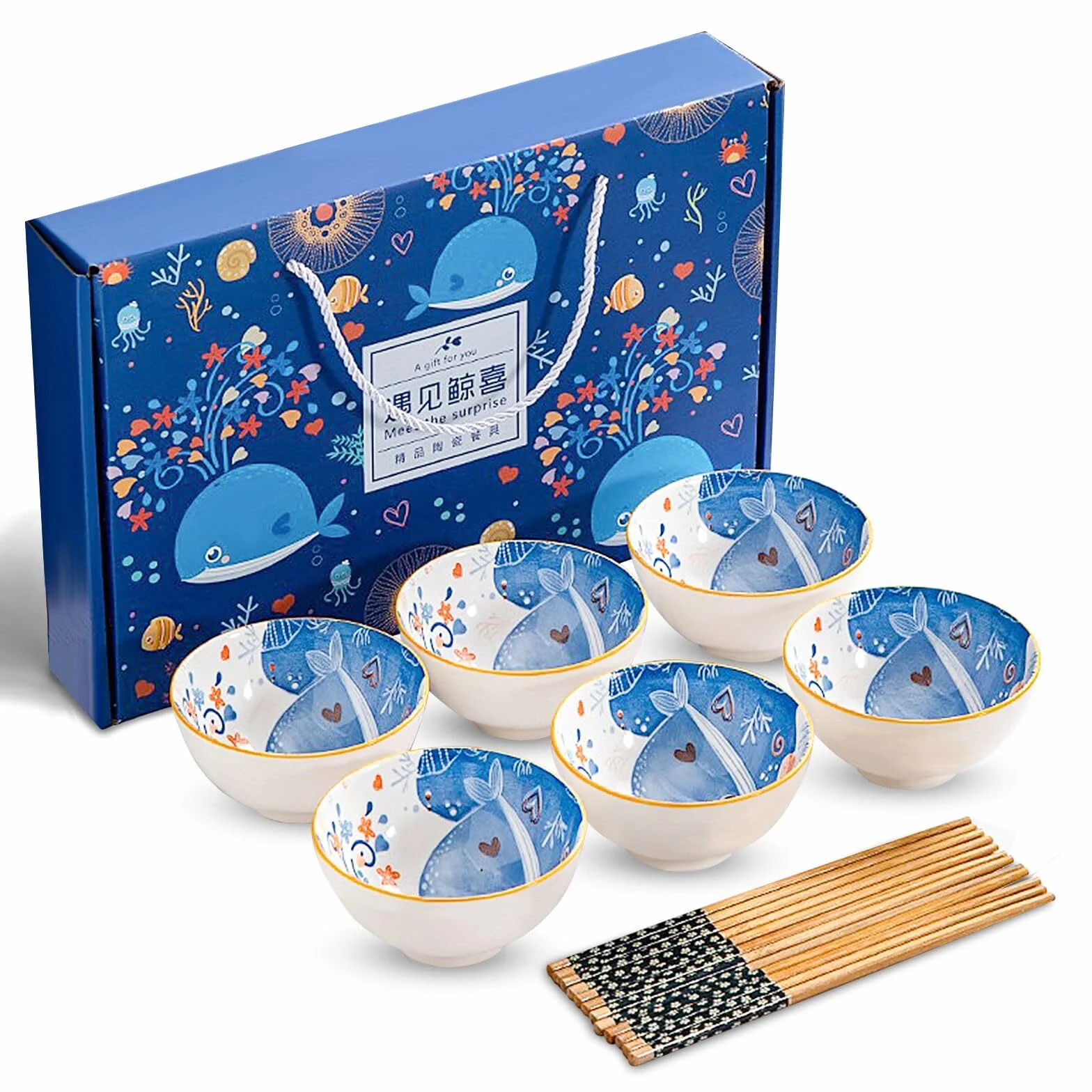 Zestaw 6 ceramicznych misek 300 ml z wzorem niebieskiego wieloryba do ryżu, deserów, musli, lodów, zup i sałatek