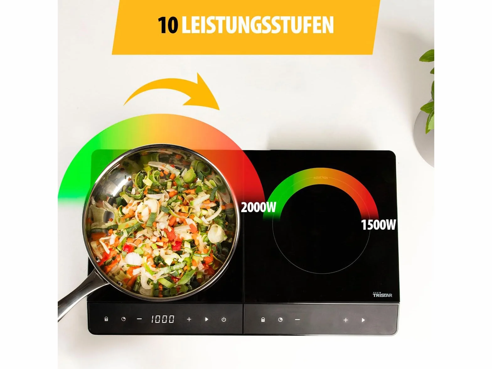 Tristar Podwójna płyta indukcyjna, ◕19 i ◕16 cm, 10 poziomów mocy, 3500 W, niskie zużycie, wbudowany timer, z ochroną przed przegrzaniem, IK-6162