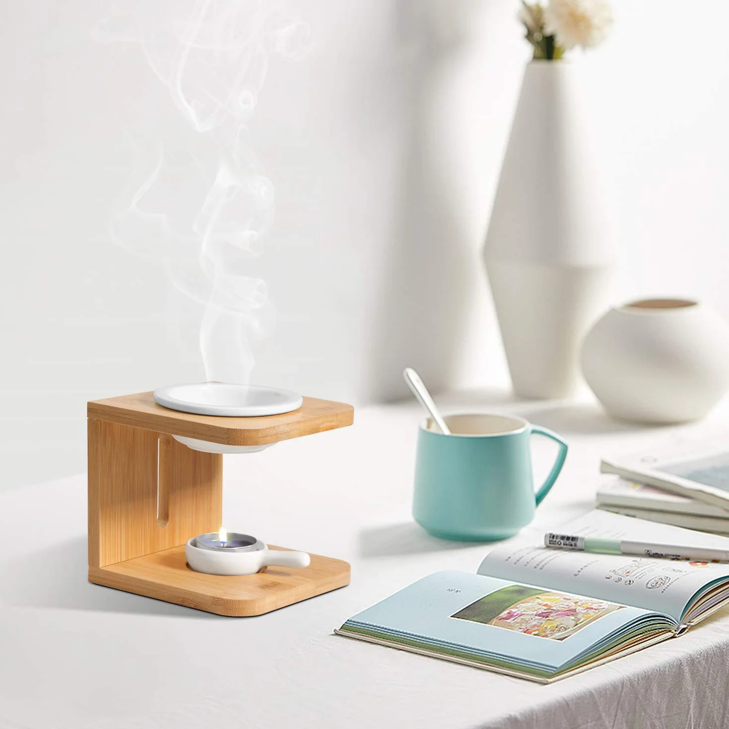 ComSaf Zestaw 1 ceramicznego palnika olejków eterycznych, podgrzewacz do topienia pachnącego wosku z uchwytem na świece typu tealight, dekoracyjny palnik aromaterapeutyczny, do domu, biura, na