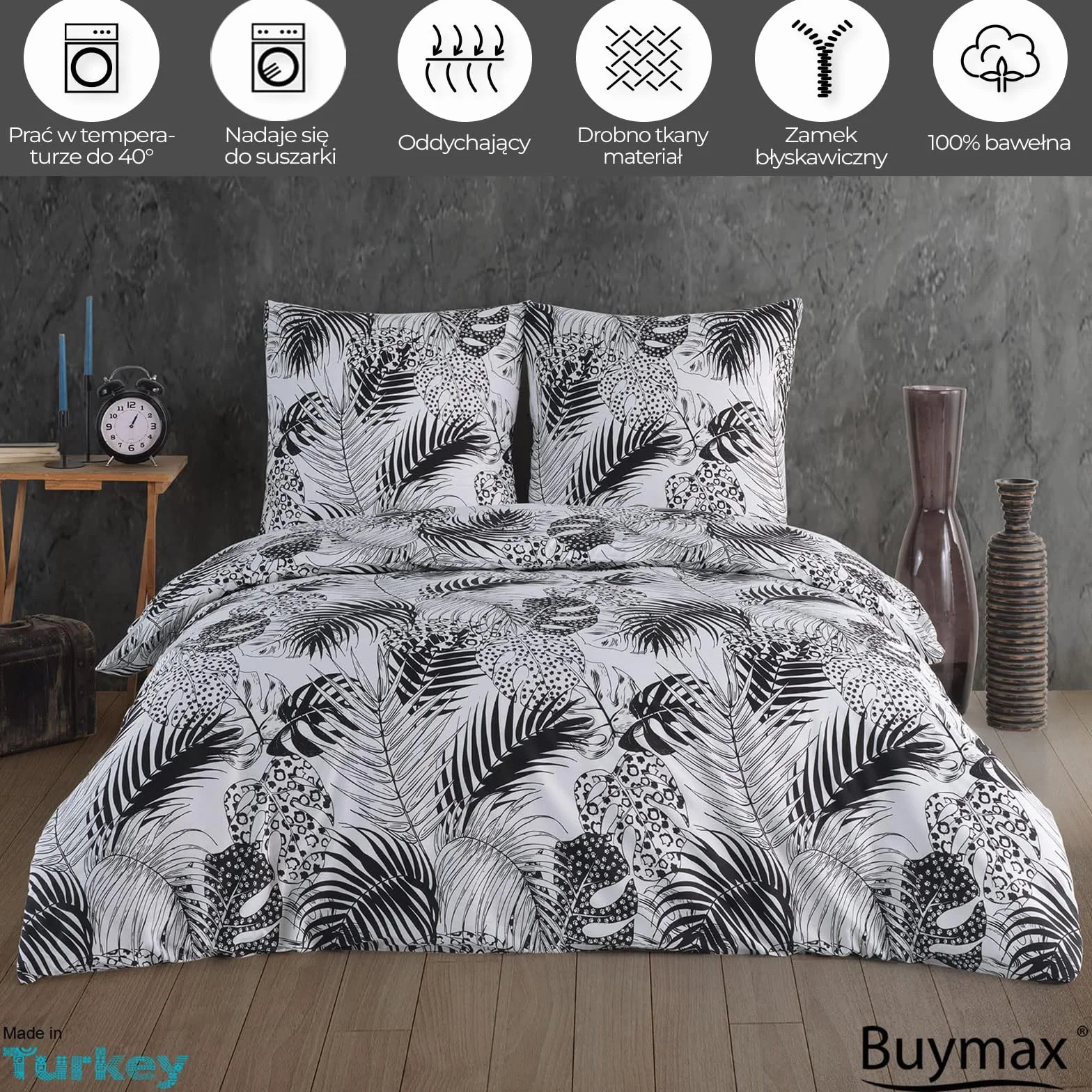 Buymax® 3-częściowy komplet pościeli 200 x 220 cm, 100% bawełna, komplet pościeli 200 x 220 cm z 2 poszewkami na poduszkę 80 x 80 cm, Öko-Tex Renforcé komplet z zamkiem błyskawicznym