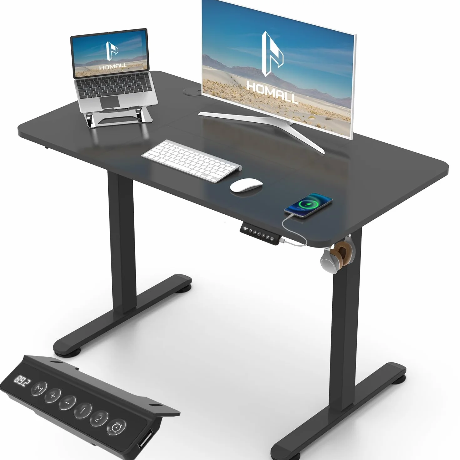 Homall Elektryczne Biurko Siedzące 100 x 60 cm, Stół z Regulacją Wysokości z Gniazdem USB, System Antykolizyjny, Sterowanie Pamięciowe, czarny