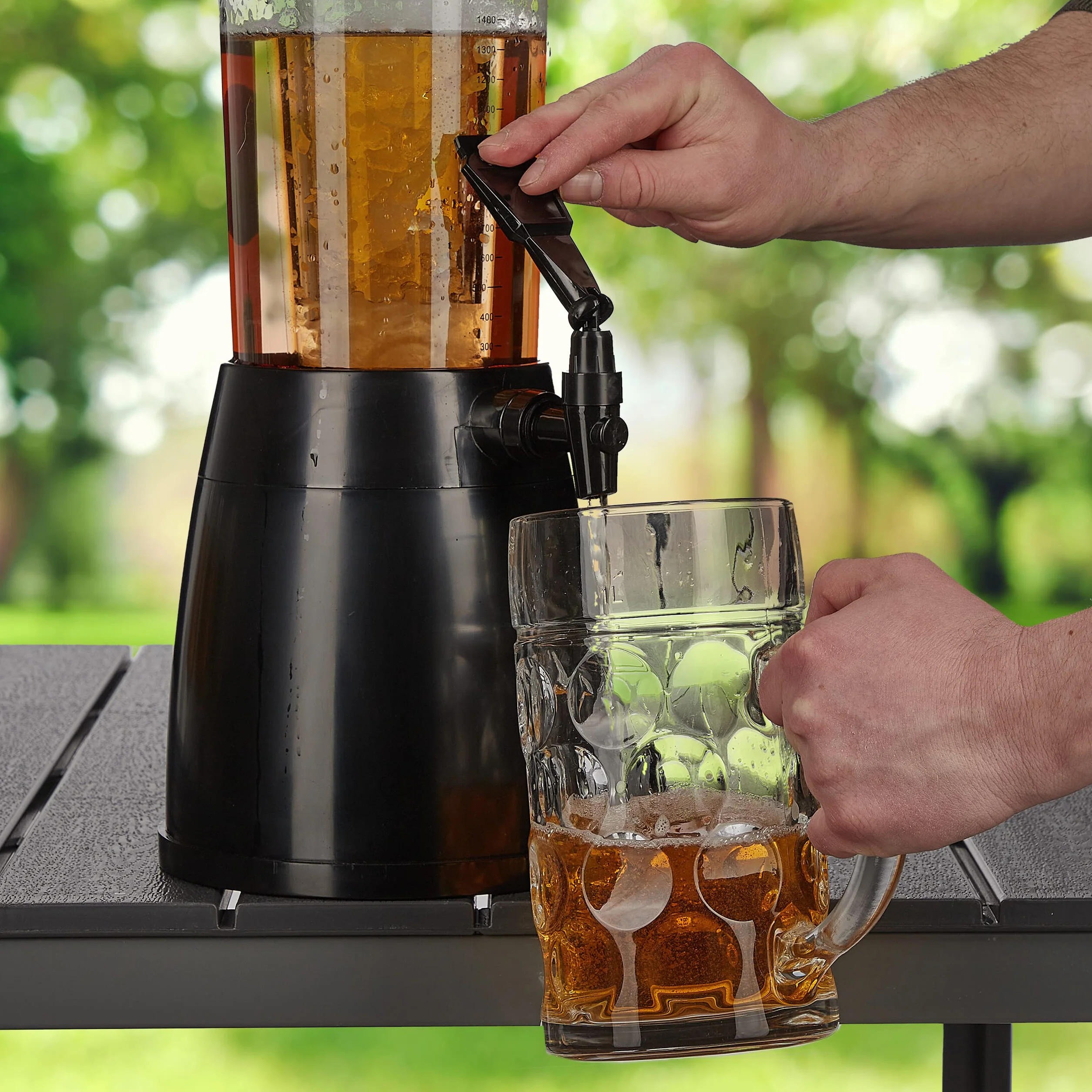 Relaxdays Kolumna do piwa z kranikiem, 2,5 l, dozownik napojów z chłodzeniem, wieża piwna, ogród, kolumna do dystrybutora, przezroczysta/czarna