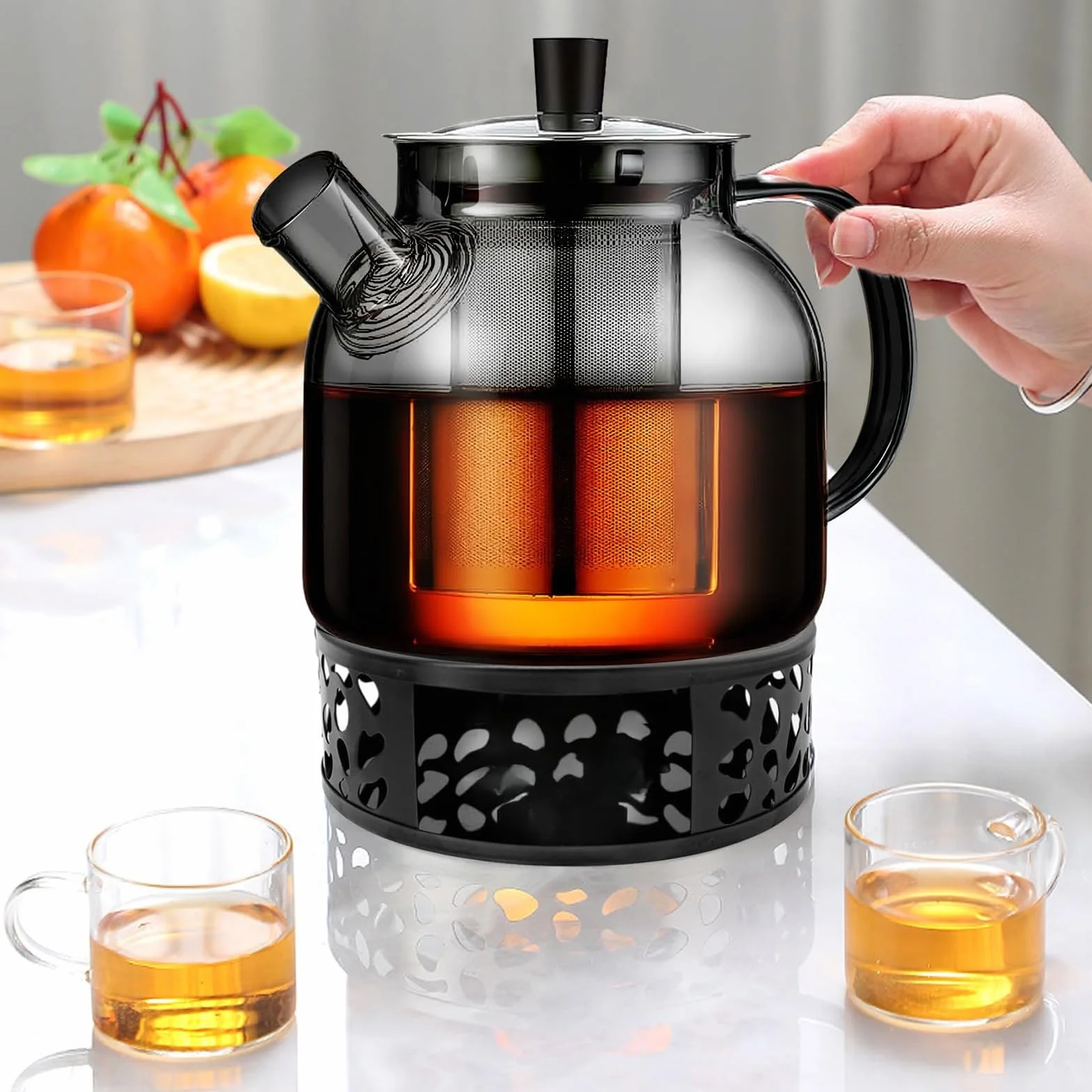 Dzbanek do Herbaty 1500 ml z Podgrzewaczem, Dzbanek do Herbaty z Zaparzaczem i Pokrywką, Szklany Zaparzacz do Herbaty z Wyjmowanym Zaparzaczem do Herbaty sypanej, Herbaty Owocowej, Herbaty Zapachowej