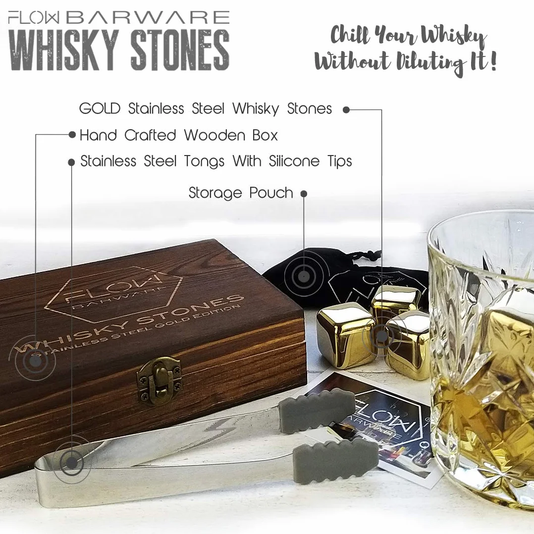 FLOW Barware Zestaw upominkowy do whisky 9 kamieni ze stali nierdzewnej drewniane pudełko