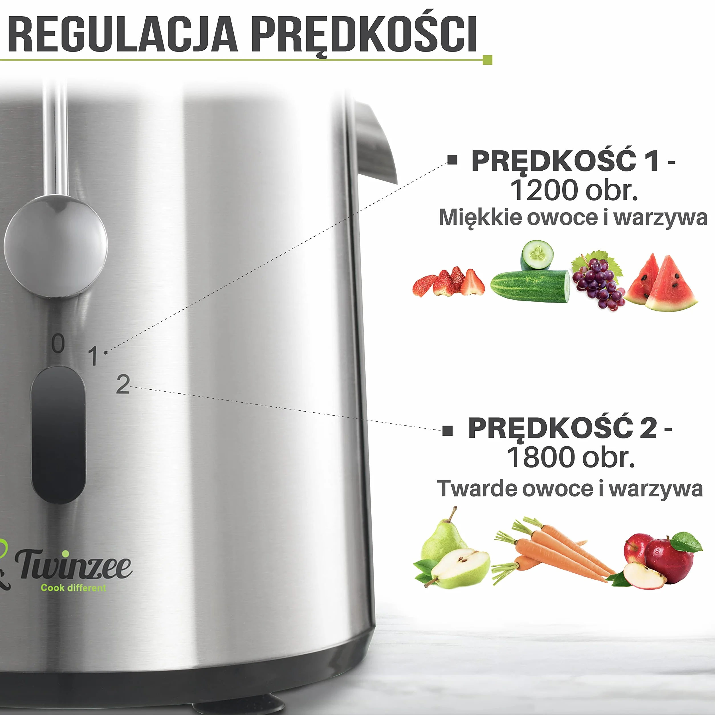 Twinzee Odśrodkowa sokowirówka do warzyw i owoców, elektryczna wyciskarka do soków z warzyw i owoców, wydajna 850 W, 2 poziomy prędkości, duży otwór do napełniania (75 mm), antypoślizgowe nóżk