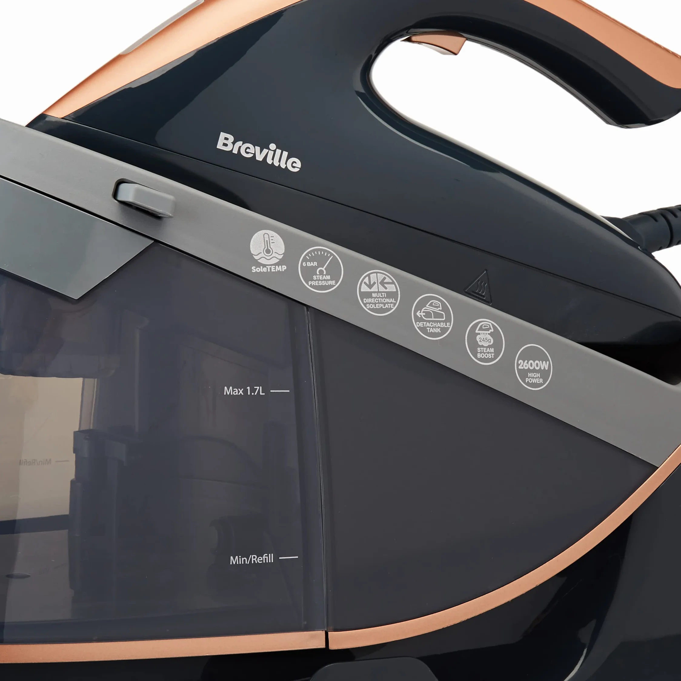 Breville Stacja parowa PressXpress soleTEMP | stała moc pary 115 g/min | 2600 W żelazko parowe z wielokierunkową podeszwą | zdejmowany zbiornik na wodę 1,7 l | szary i różowe złoto [VIN411X]