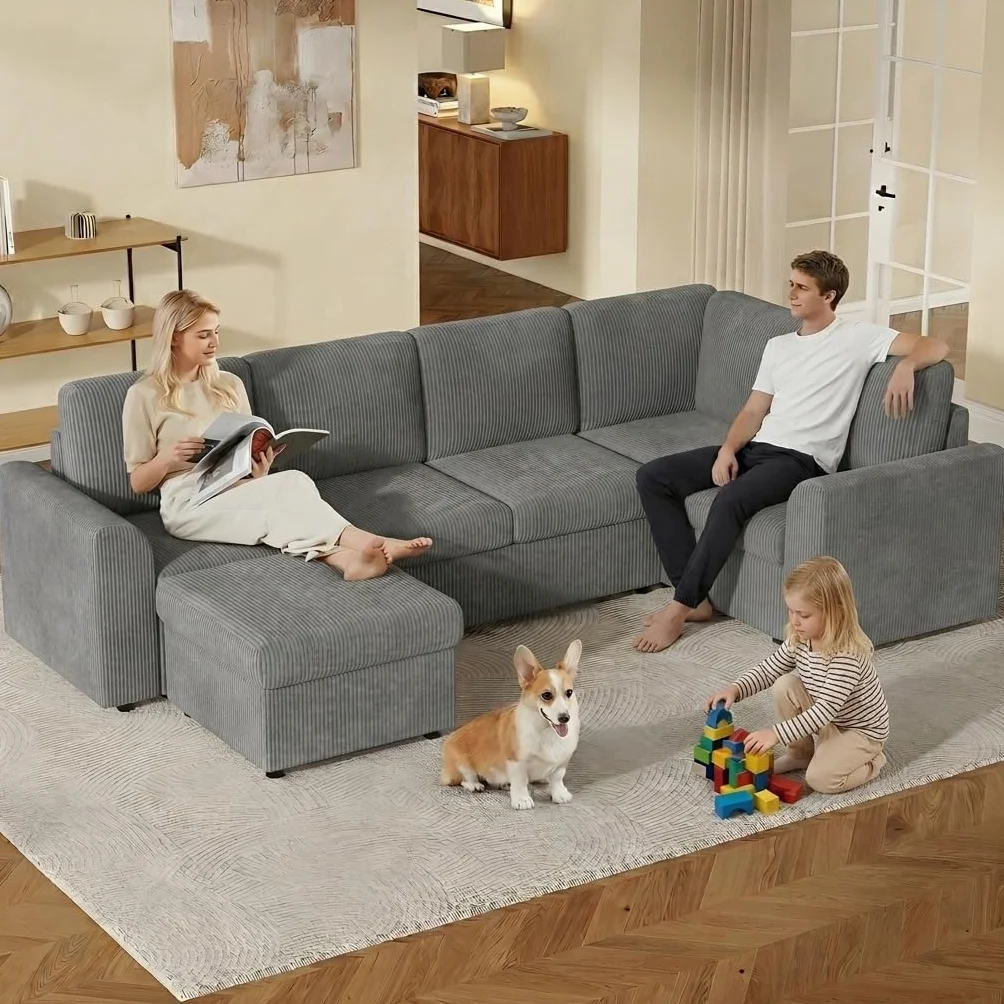 Nowoczesna sofa narożna w kształcie litery L z podłokietnikami, 1 wielofunkcyjny taboret, pianka o wysokiej gęstości, łatwy montaż, szara