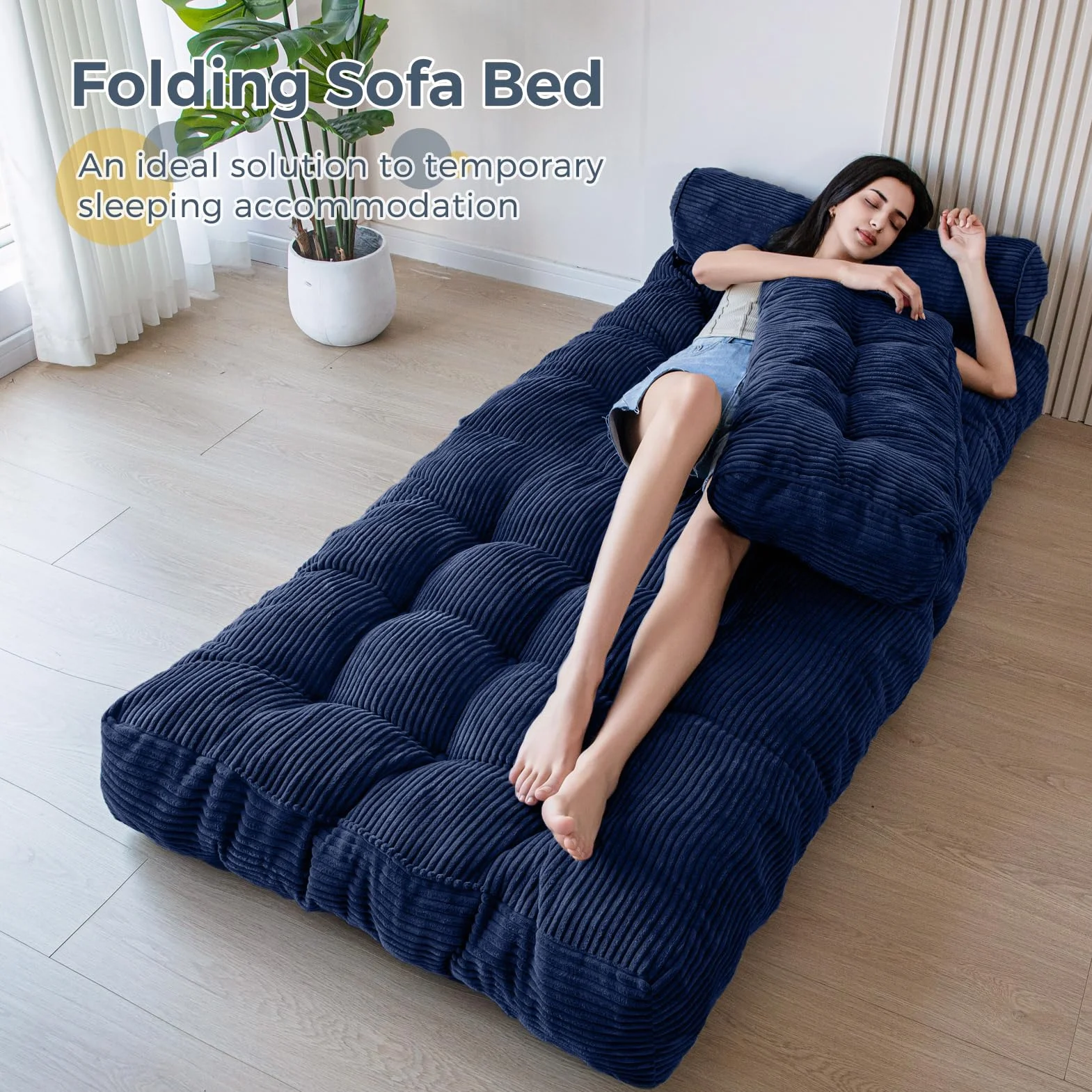 MAXYOYO Składana sofa do spania, przekształcany fotel do spania z poduszką, materac z podparciem oparcia, przenośne krzesło-łóżko, wygodna sofa podłogowa-lounge do salonu, sypialni, kolor granatowy