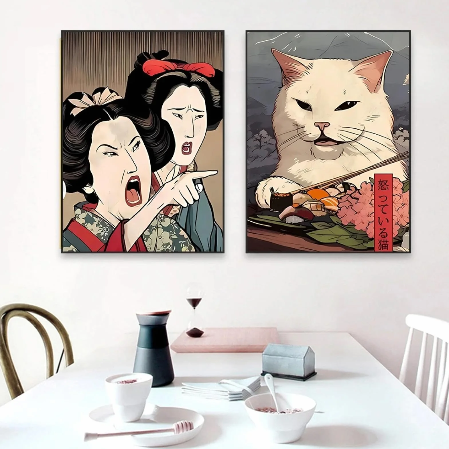 CHAOJIART Zabawny japoński kot sushi sztuka ścienna wydruk plakat nowoczesna sztuka ścienna retro urocze zwierzę sztuka ścienna płótno obraz jadalnia dekoracja 40 x 60 cm (16 x 24 cale) x 2 bez ramy