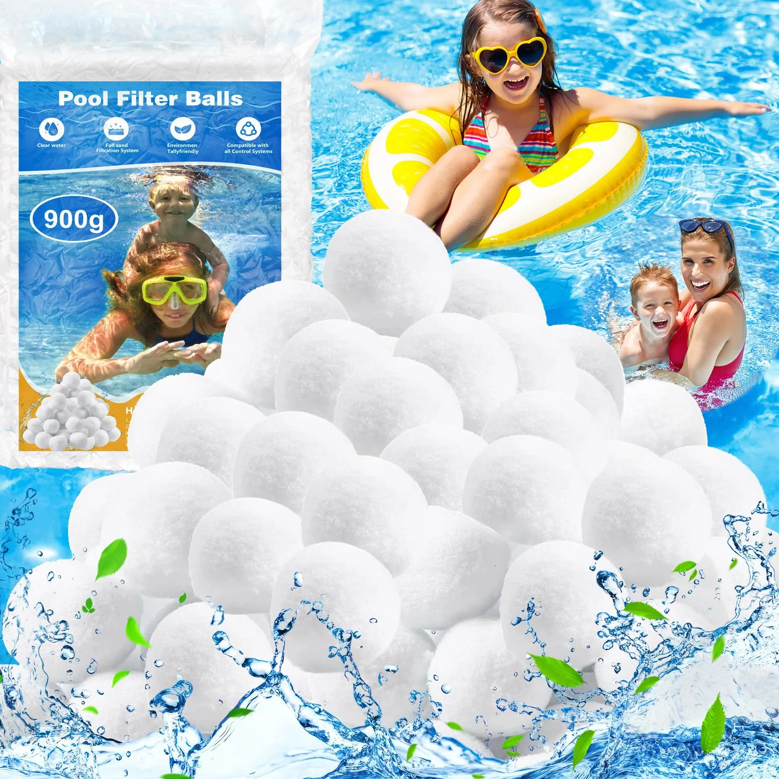 Filter Balls, 900g wielokrotnego użytku kula filtrująca do basenu może zastąpić 31kg piasku filtrującego, nadaje się do różnych systemów filtracji, filtr piaskowy, filtr basenowy