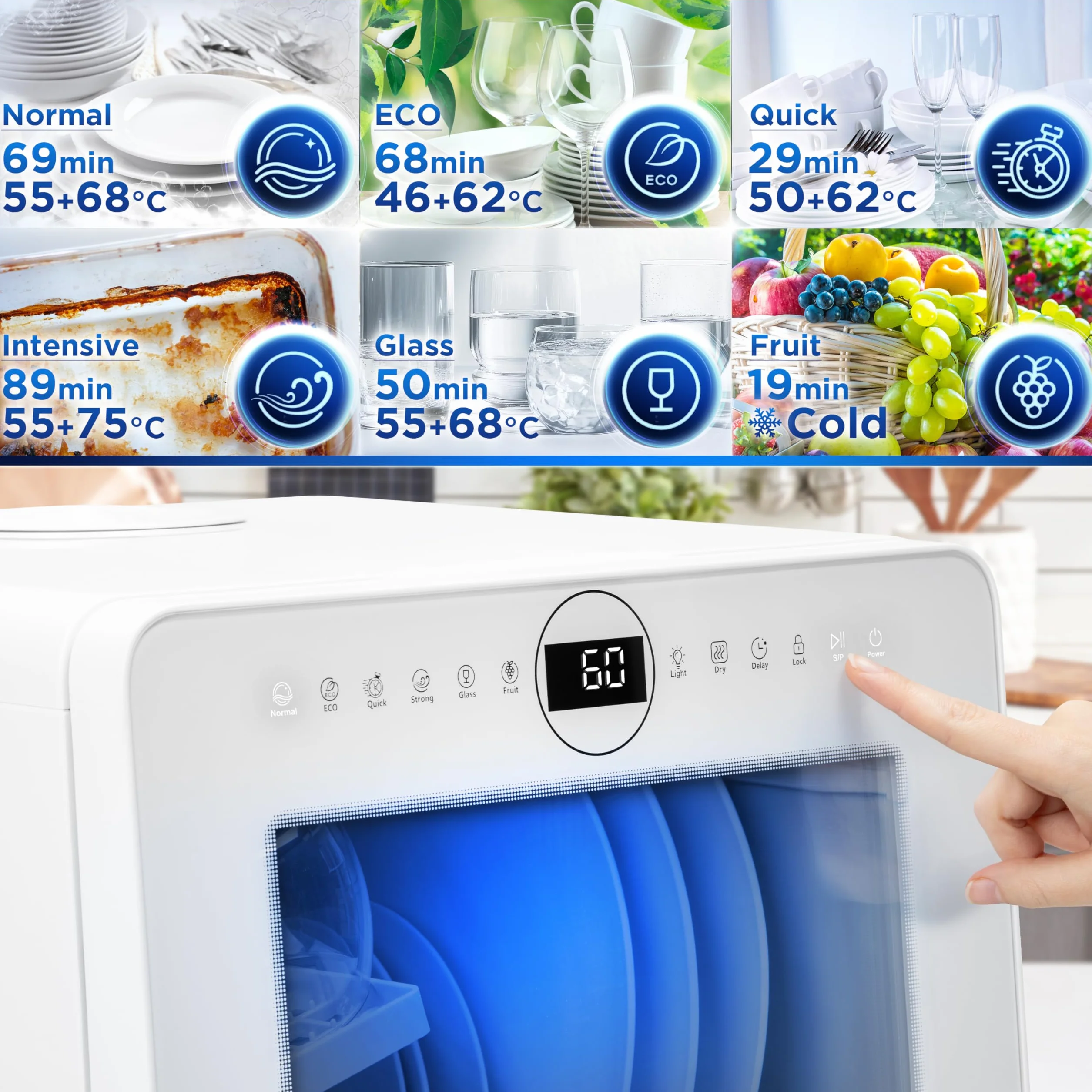 Duronic DW5 WE Zmywarka nablatowa z lub bez przyłącza wody 950W przenośna kompaktowa 5l /cykl do naczyń szkła owoców mała zmywarka stołowa biała