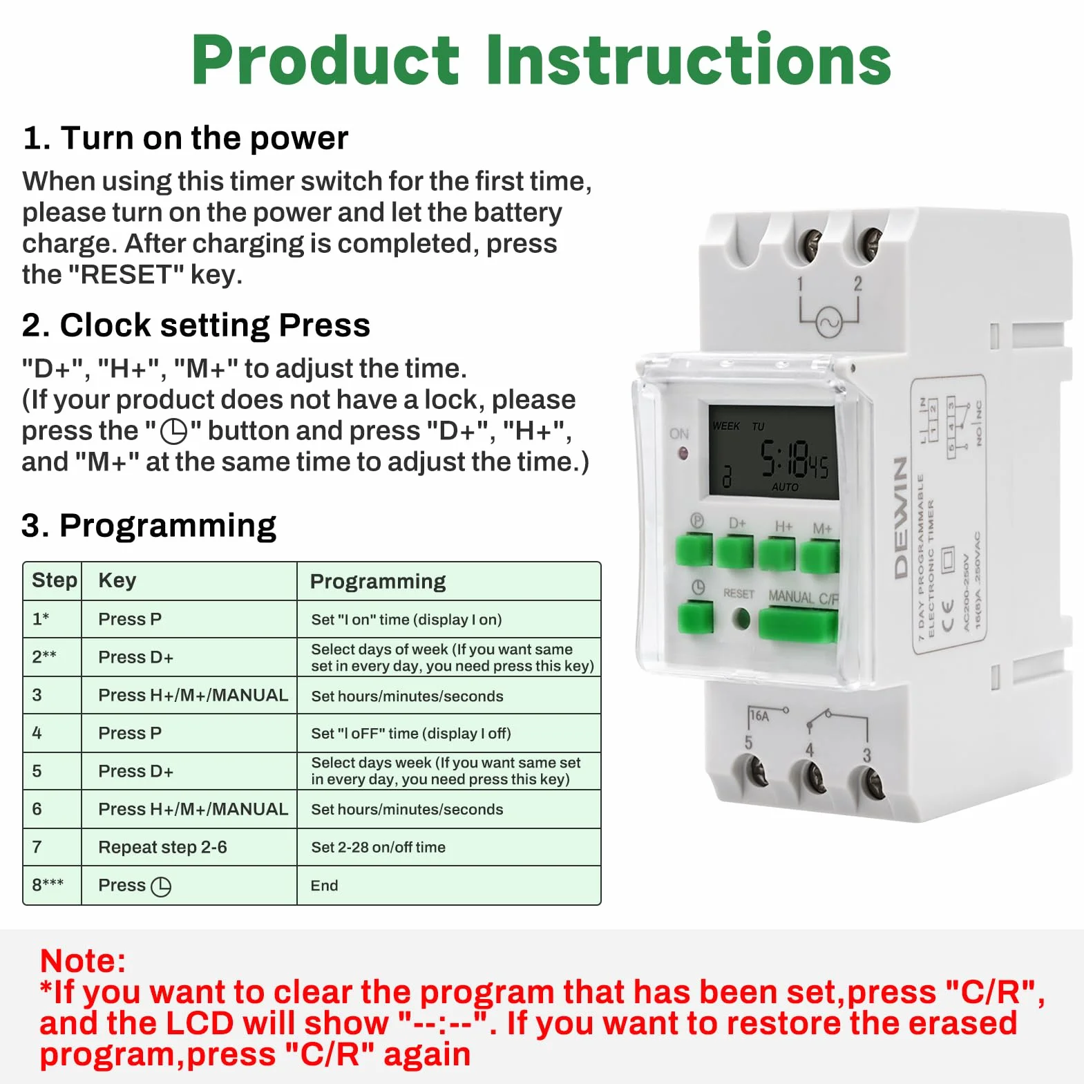 DEWIN Cyfrowy przełącznik czasowy do szyn DIN, cyfrowy przełącznik czasowy, programowalny tygodniowy elektroniczny timer AC 230 V
