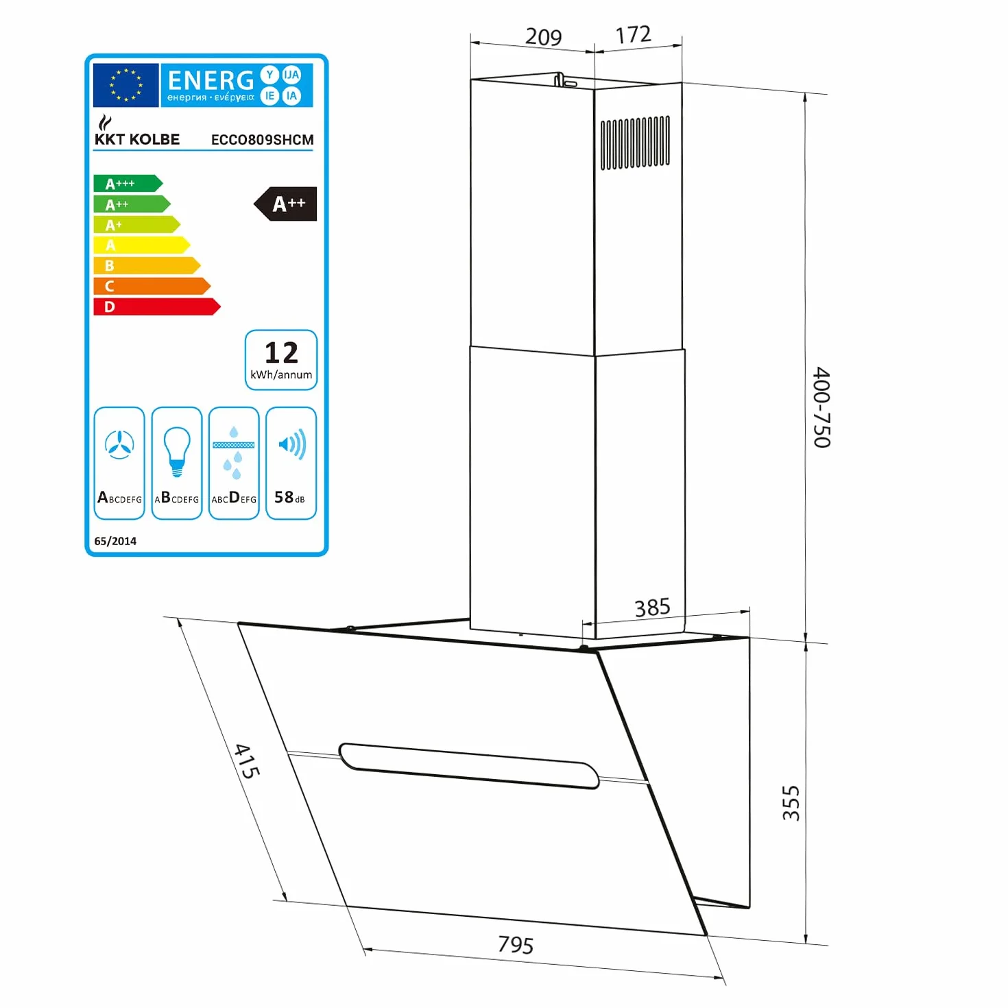 KKT KOLBE Okap kuchenny 80 cm/bezgłowa okap ścienny/stal nierdzewna/czarne szkło/Wi-Fi/automatyczne wybiegi / oświetlenie LED RGBW / obsługa SensorTouch/ECCO809SHCM
