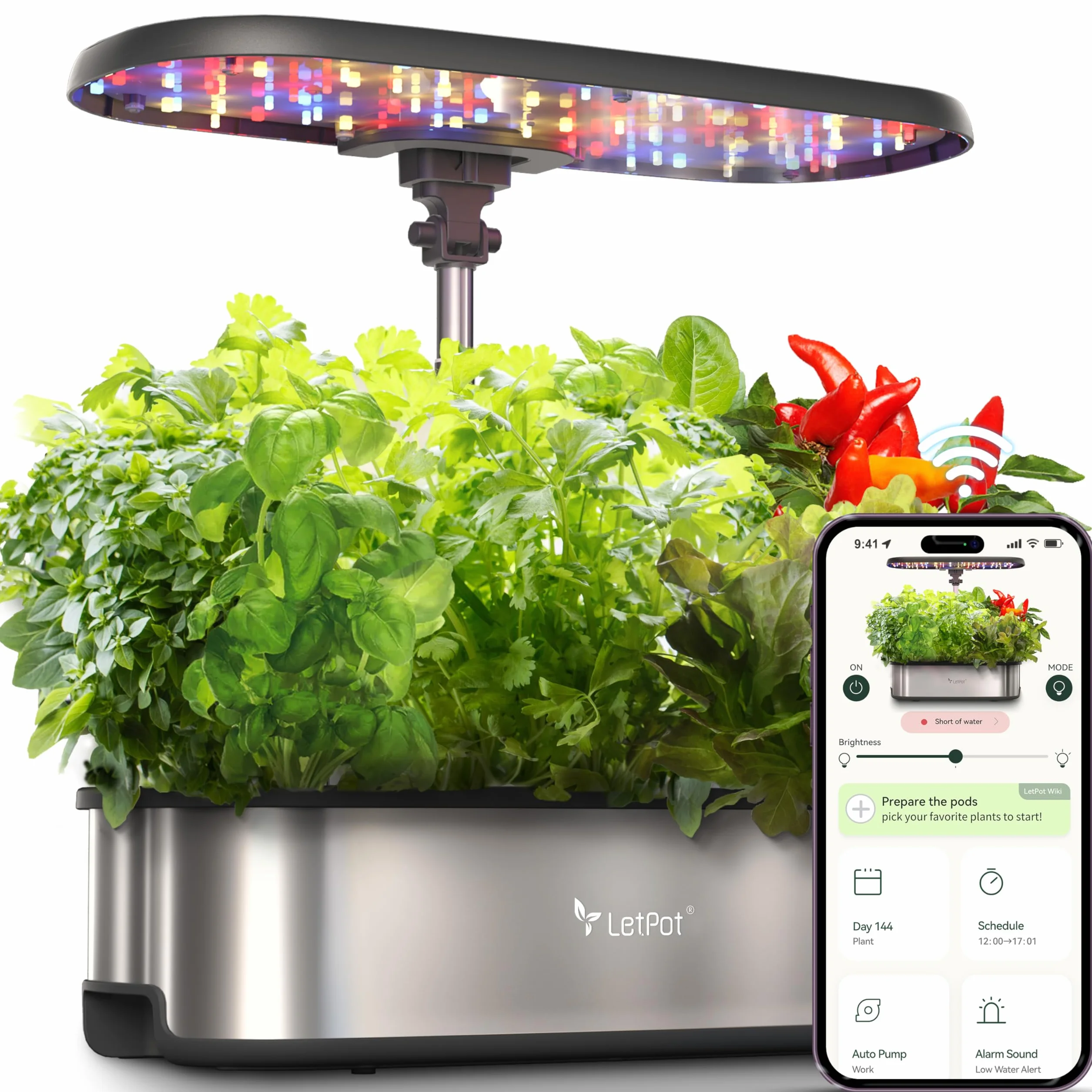 LetPot LPH-SE Inteligentny system hydroponiczny, 12 inteligentnych saszetek ogrodowych z ziołami, do wnętrz, ogrodu wewnętrznego, sterowanie aplikacją i WiFi, z diodami LED