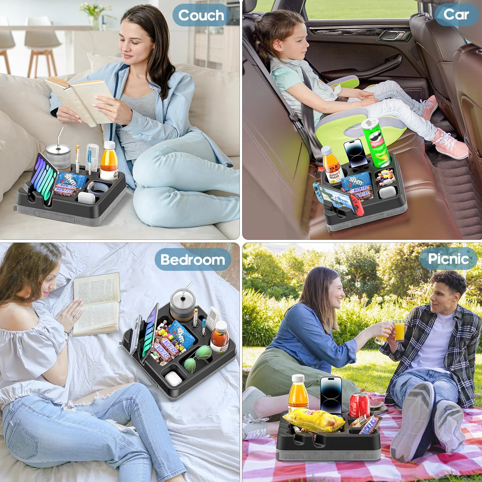 Taca na kubek na kanapę – przenośna sofa łóżko uchwyt na kubek poduszka z tacą na przekąski, zdalny pojemnik, długopis, telefon i tablet - organizer na stół kanapowy na łóżko, sofę, kampera, samochód