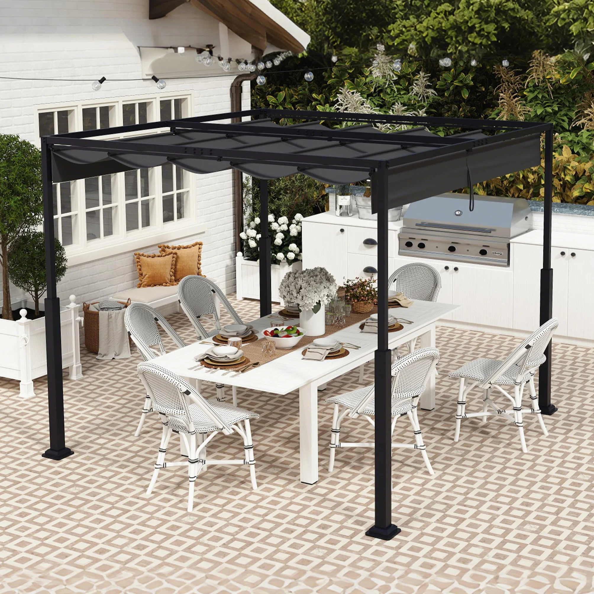 ACXIN Pergola z przesuwnym dachem, zadaszenie tarasu ze stalowej ramy, wodoodporny poliester powlekany PA 160 g, wolnostojący pawilon ogrodowy z regulowaną ochroną przed słońcem (czarna, 3 x 3 m)