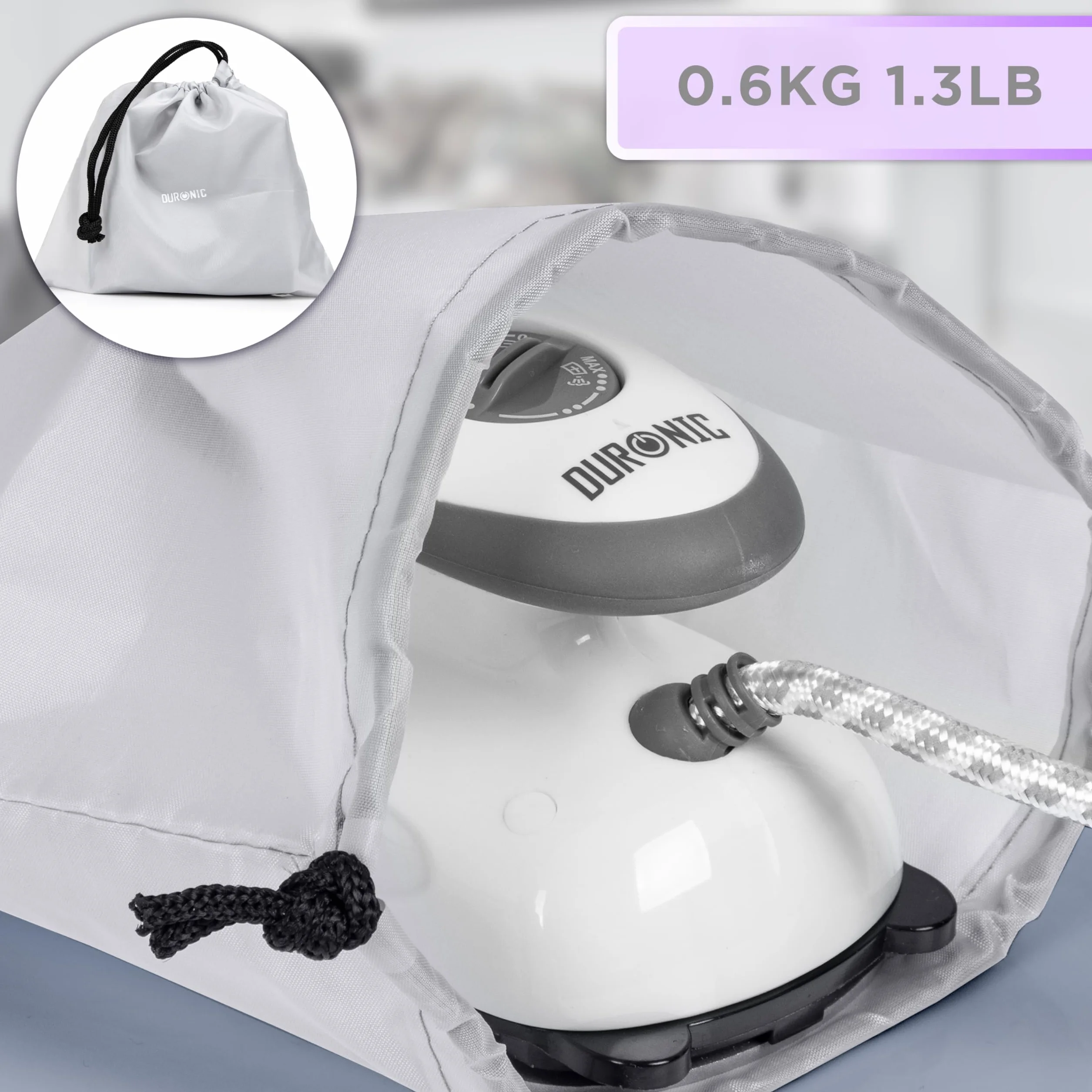 Duronic SI2 Podróżne żelazko parowe 375W | Lekkie i kompaktowe 762 g | Nieprzywierająca podeszwa | Zbiornik 50 ml | Z szczotką i kieszenią do przenoszenia