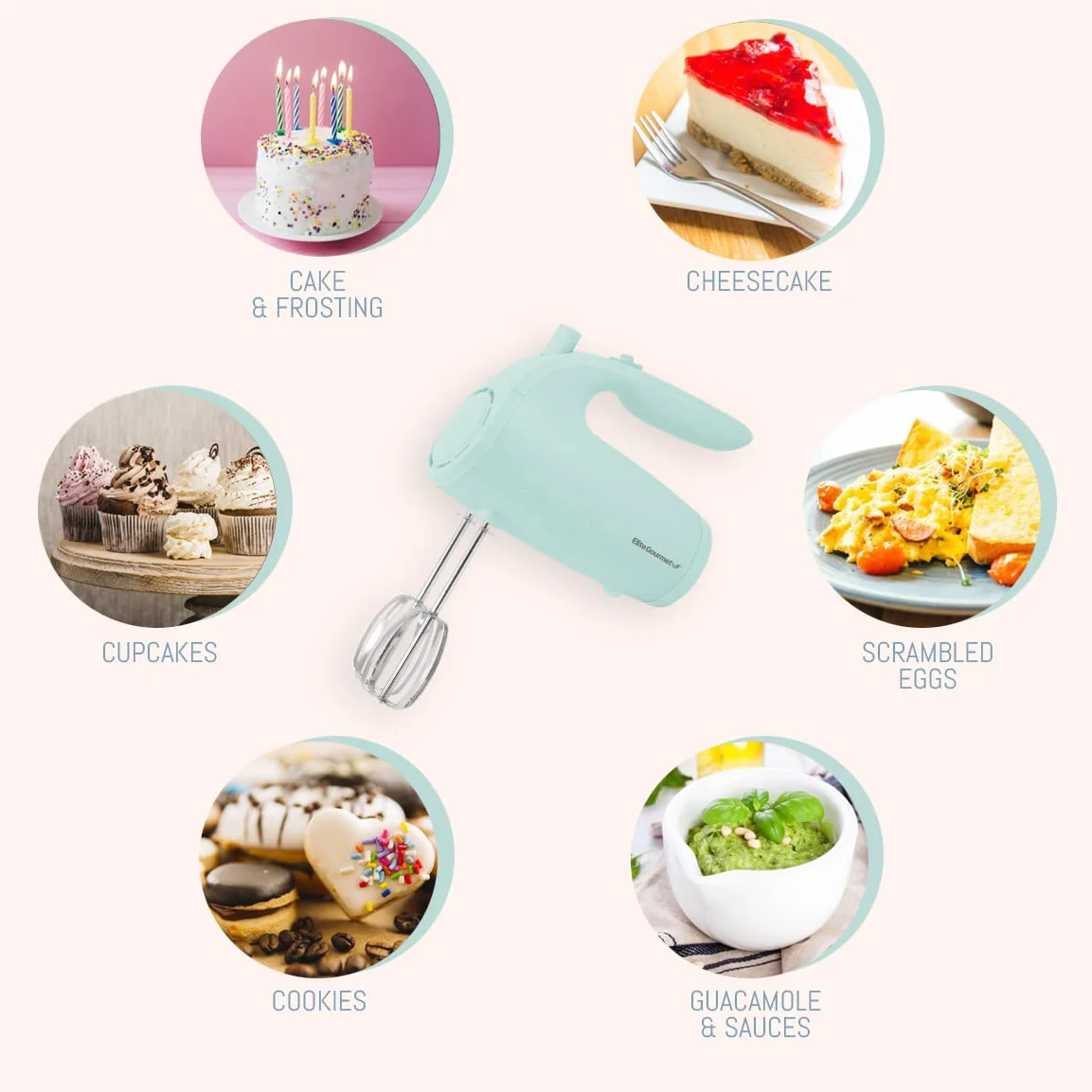 Elite Gourmet EHM003M Ultra Power elektryczny mikser ręczny, 5 biegów, z 2 bardzo szerokimi mieszadłami ze stali nierdzewnej do gładkich, kremowych mieszanek, plus praktyczne przechowywanie mieszadła,