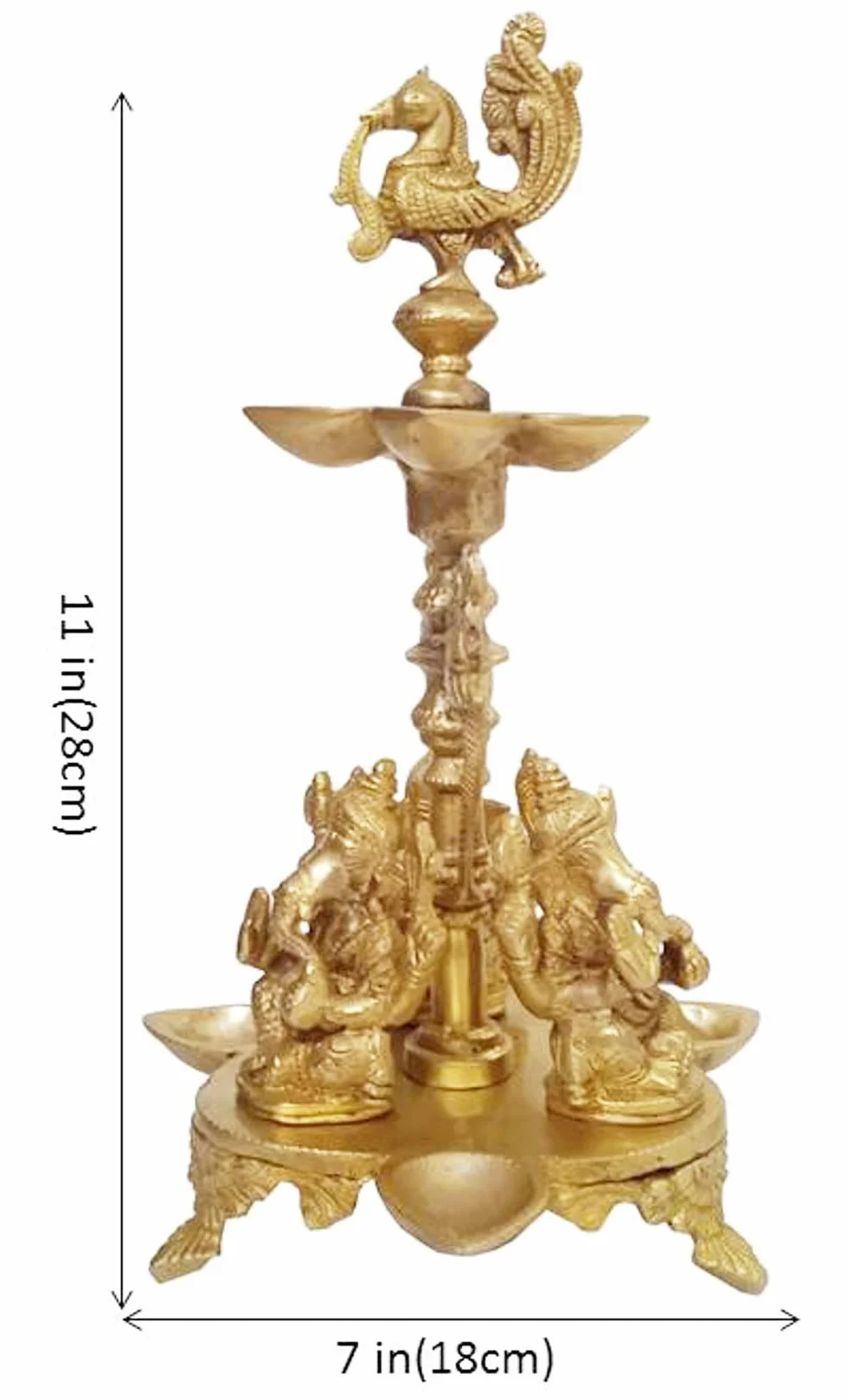 Purpledip Mosiężna lampa olejowa Kuthu Vilakku: Antyczny wzór Royal Deepam Diya z 3 Ganescha, papugi i paw (12033A)
