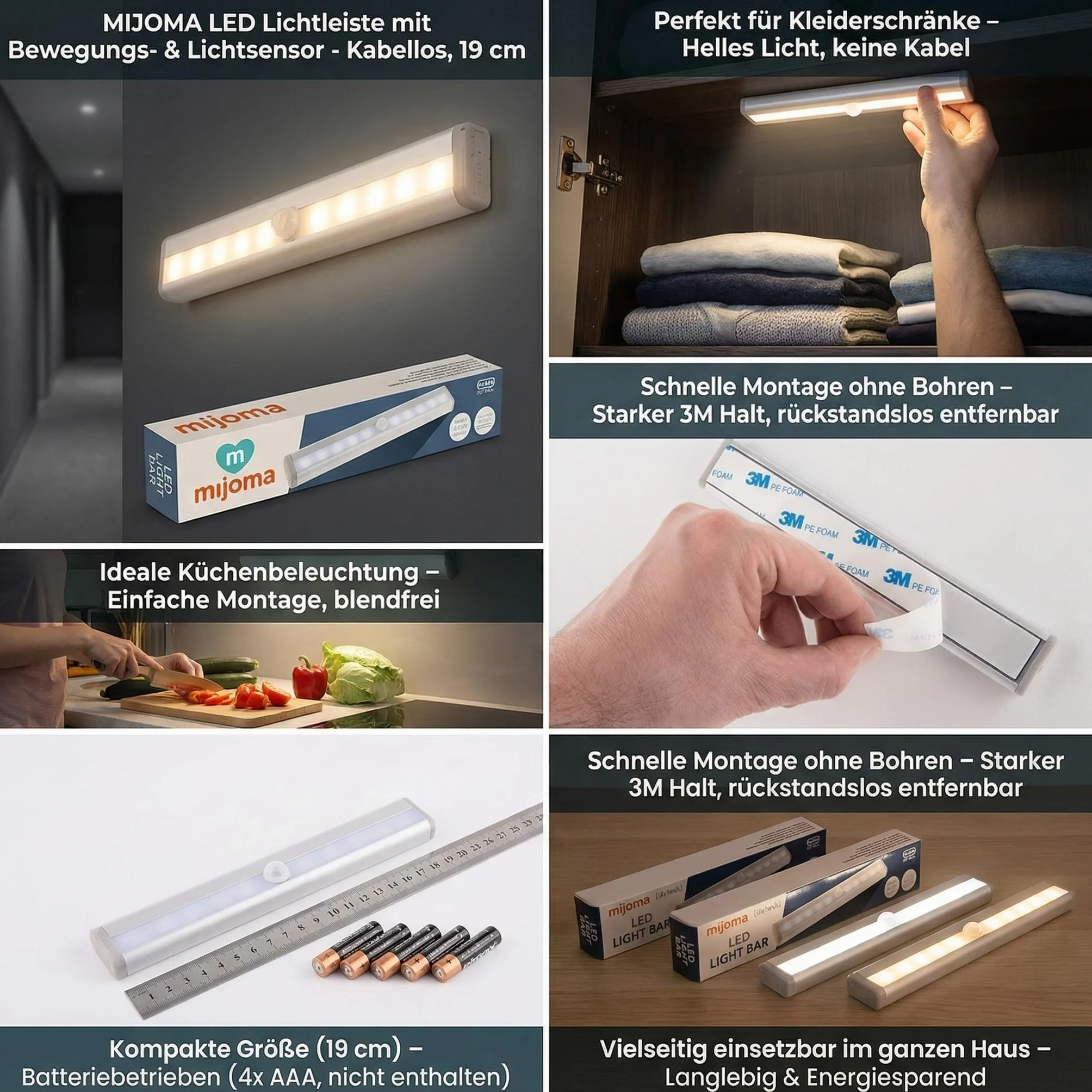 MIJOMA Listwa świetlna LED z czujnikiem ruchu i światła – bezprzewodowa, zasilana bateriami, samoprzylepna, 19 cm – lampka nocna do korytarza, szafy na ubrania, kuchni, piwnicy