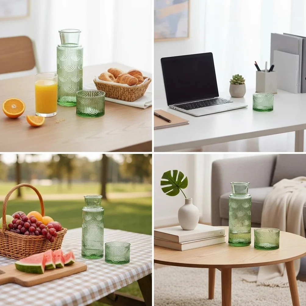 Nocna karafka na wodę i zestaw szklanek, dozownik wody do płukania ust do łazienki, 600 ml, szklany dzbanek z pokrywką 170 ml, do kuchni, sypialni i jadalni (zielony)