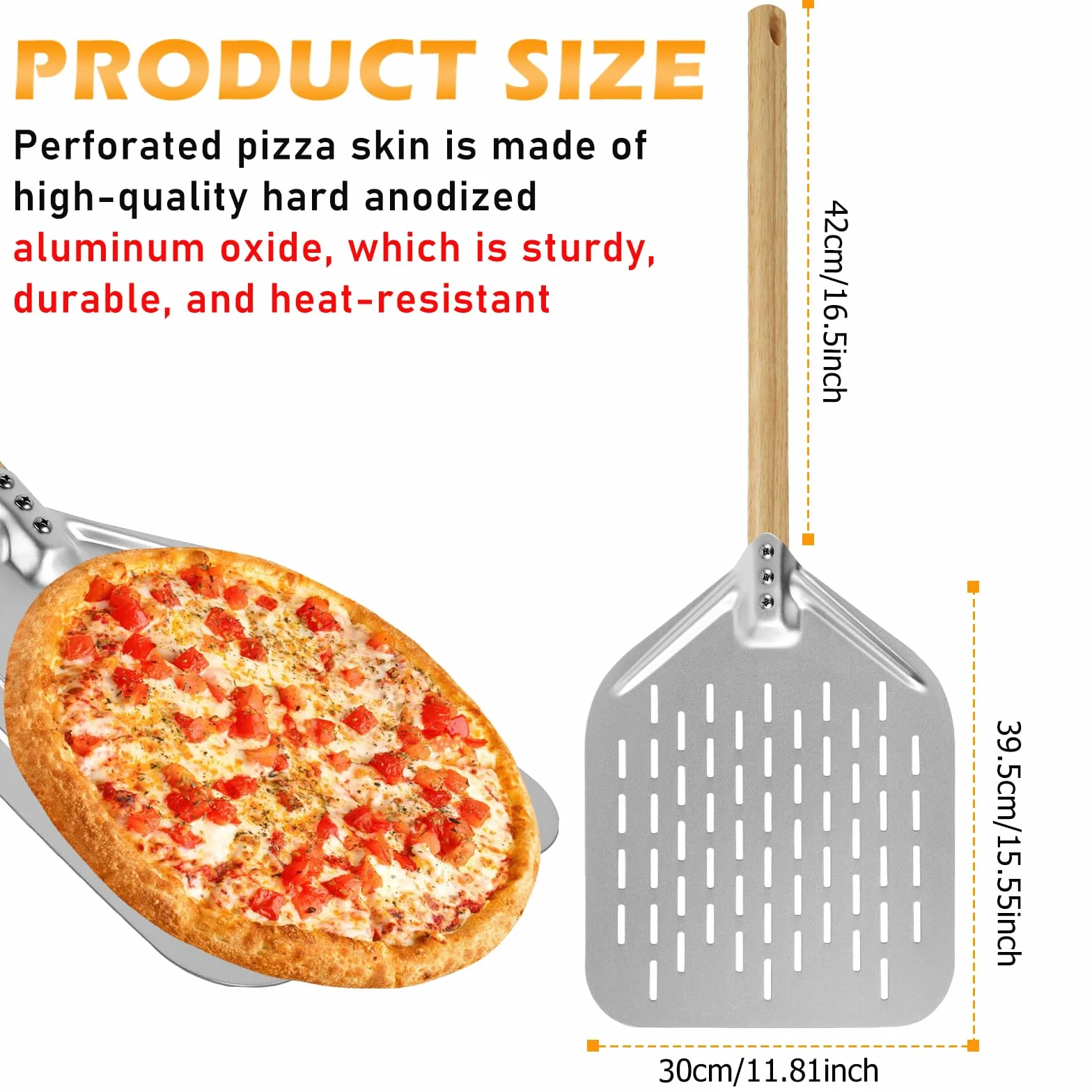 HOMURY Perforowana łopatka do pizzy, perforowana, 30 cm, perforowana łopatka do pizzy ze zdejmowanym uchwytem, perforowana z twardego anodowanego aluminium, do domowej pizzy, chleba
