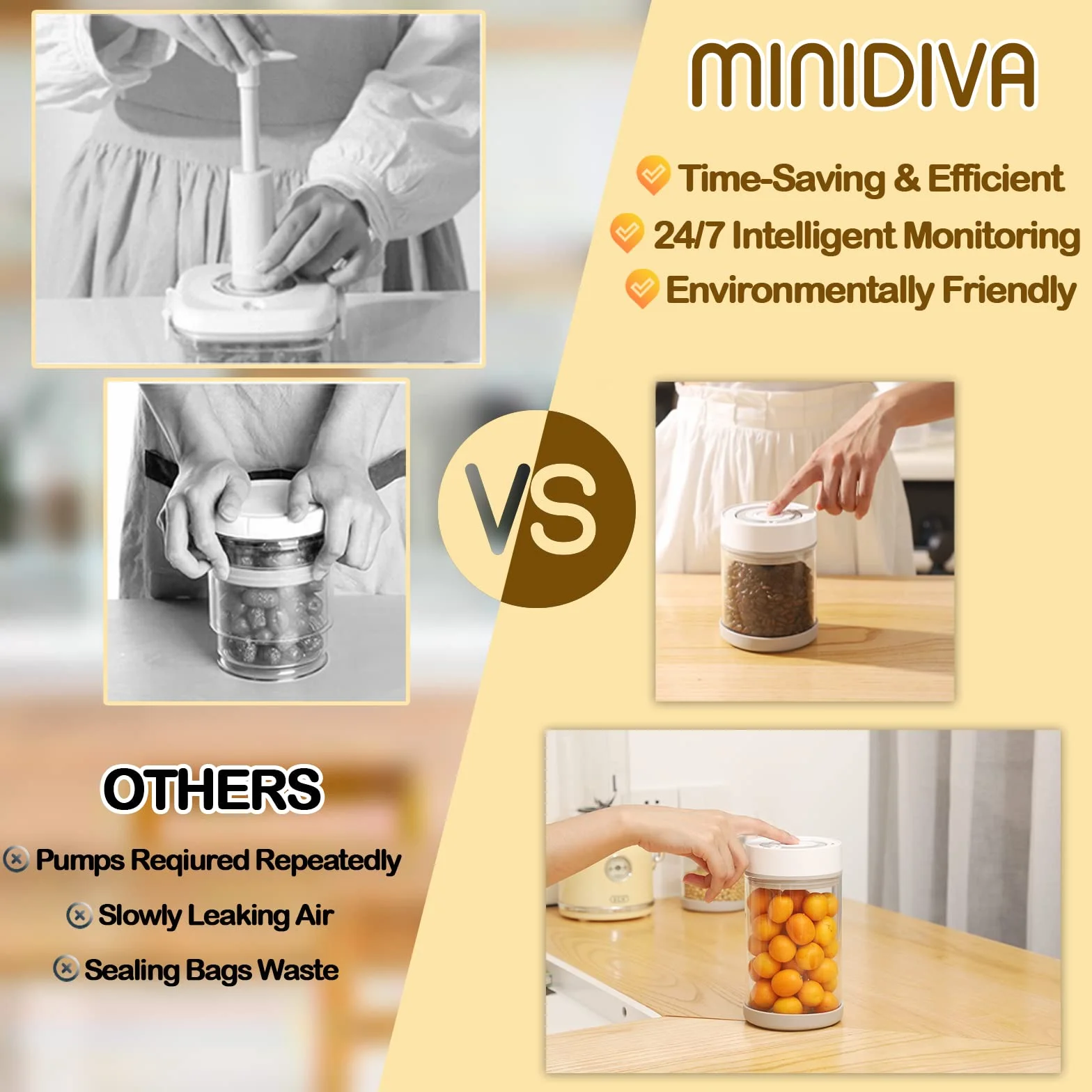 Minidiva Inteligentny pojemnik próżniowy na żywność, zintegrowana pompa próżniowa, hermetyczna, szklana butelka na ziarna kawy, herbata, bez BPA, z datą, 950 ml