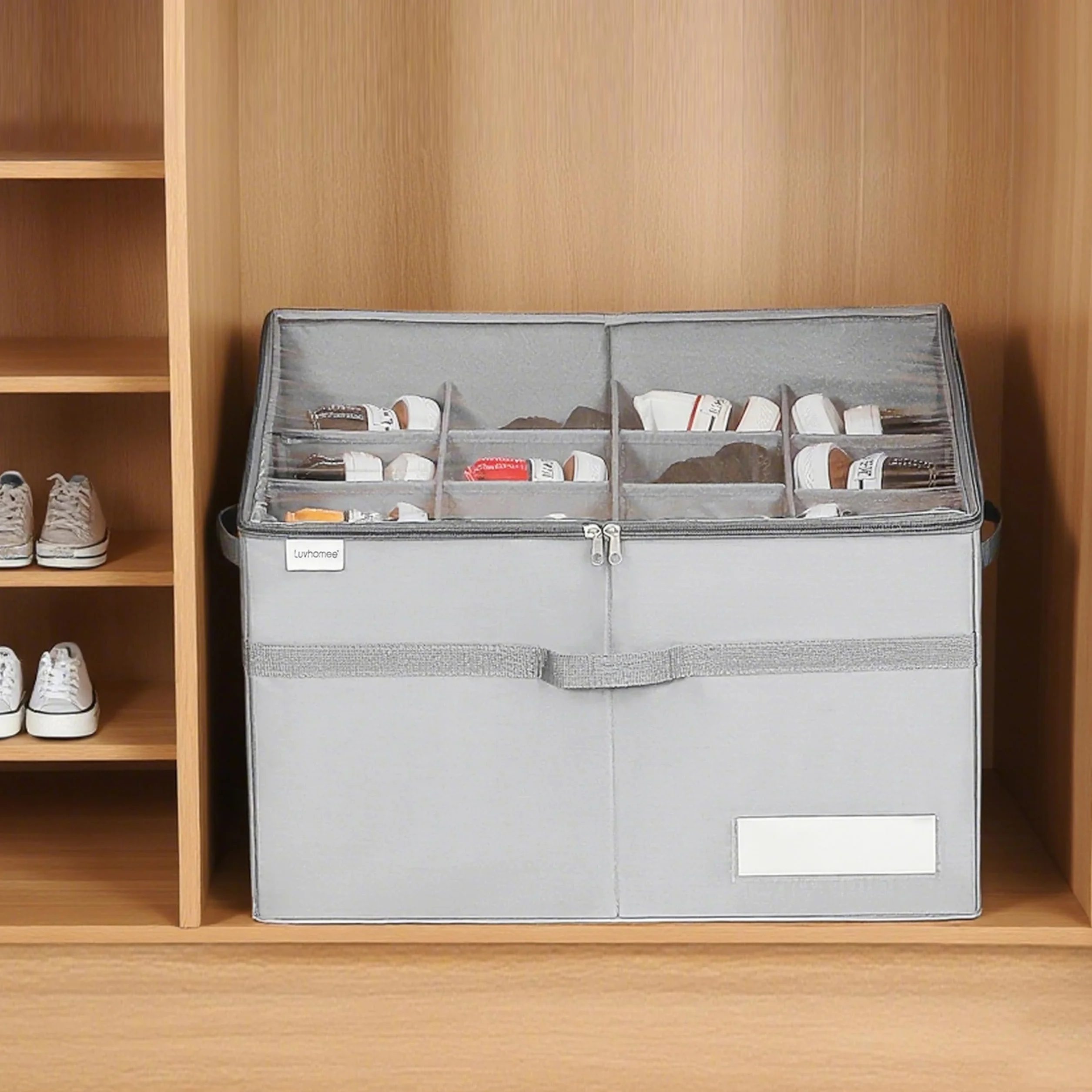 Shoe Organizer for Closet, Fits 16 Pairs, Large Shoe Box Storage Containers, Clear Foldable Shoe Storage Bins w/Bottom Support, Space Saving Shoes Holder w/Reinforced Handles, Gray