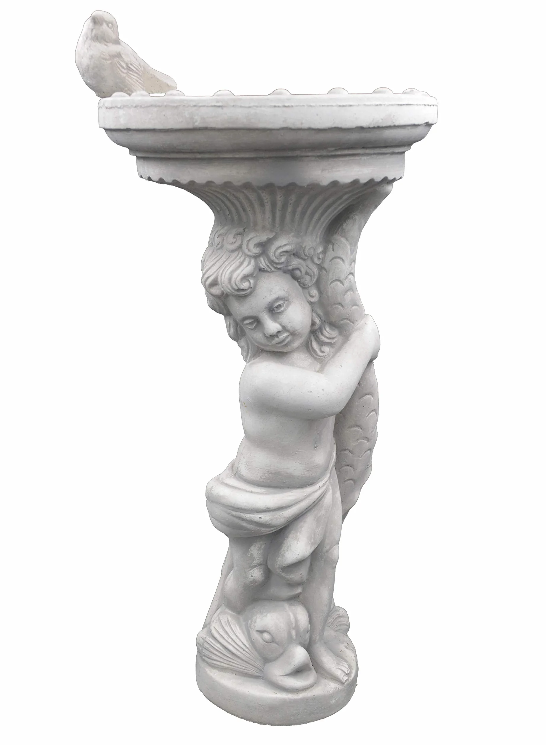 gartendekoparadies.de Chłopiec z dużym poidłem dla ptaków, kamienna figurka wys. 54 cm, 18 kg, szara, odporna na mróz z odlewu kamiennego do użytku na zewnątrz
