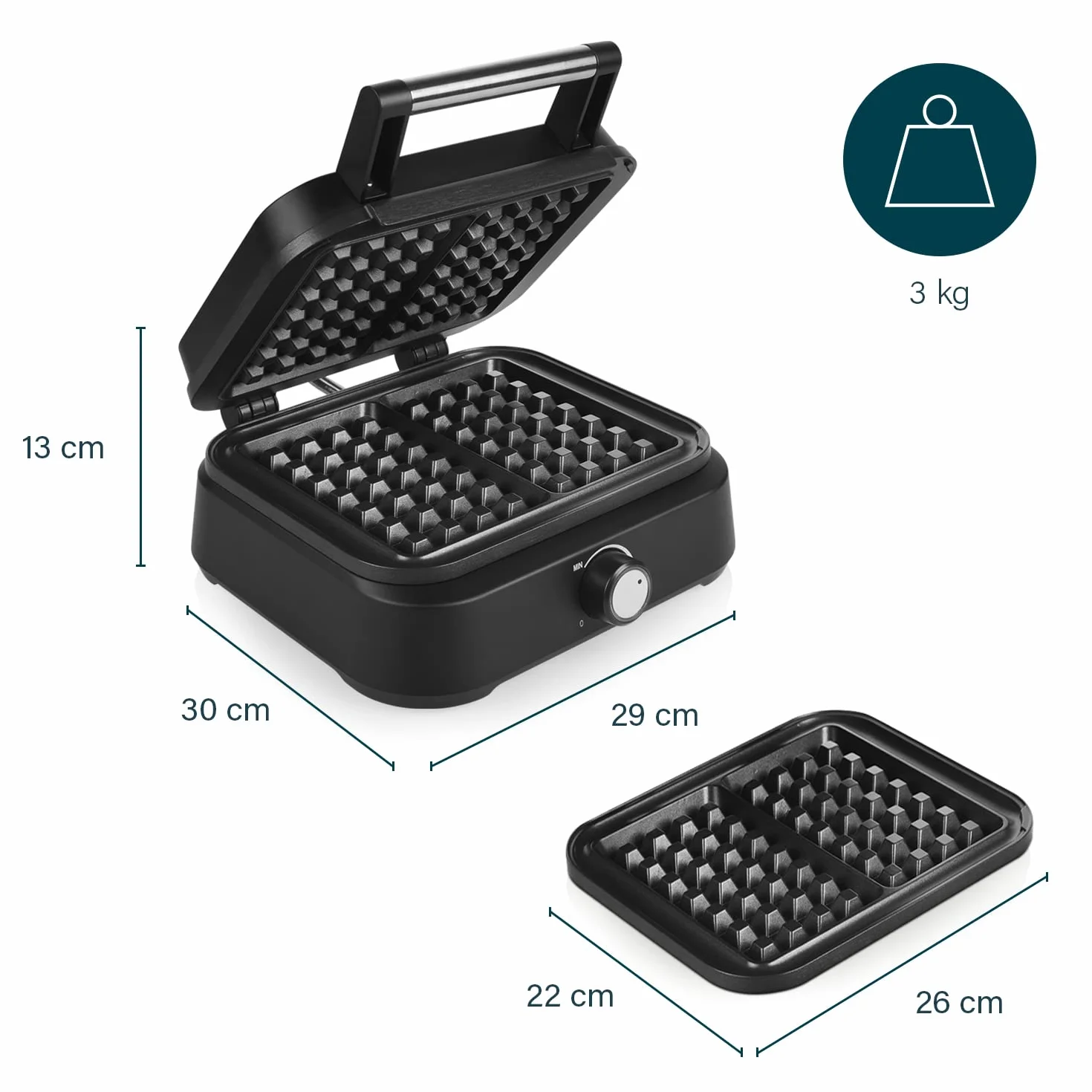 Princess 132398 Gofrownica Belgijska Deluxe – 1500 W, 10-Stopniowy Termostat, Powłoka Zapobiegająca Przywieraniu, 26 X 22 Cm, Na 2 Gofry Xxl, Matowa Czerń