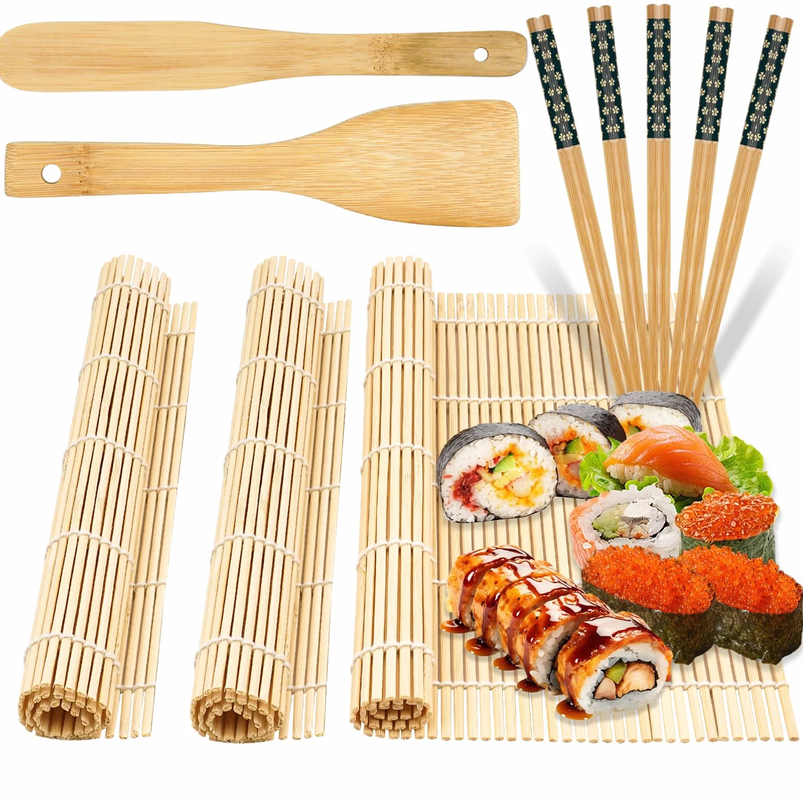 Zestaw do sushi 10-częściowy, maty bambusowe, pałeczki, noże, łyżki ryżowe
