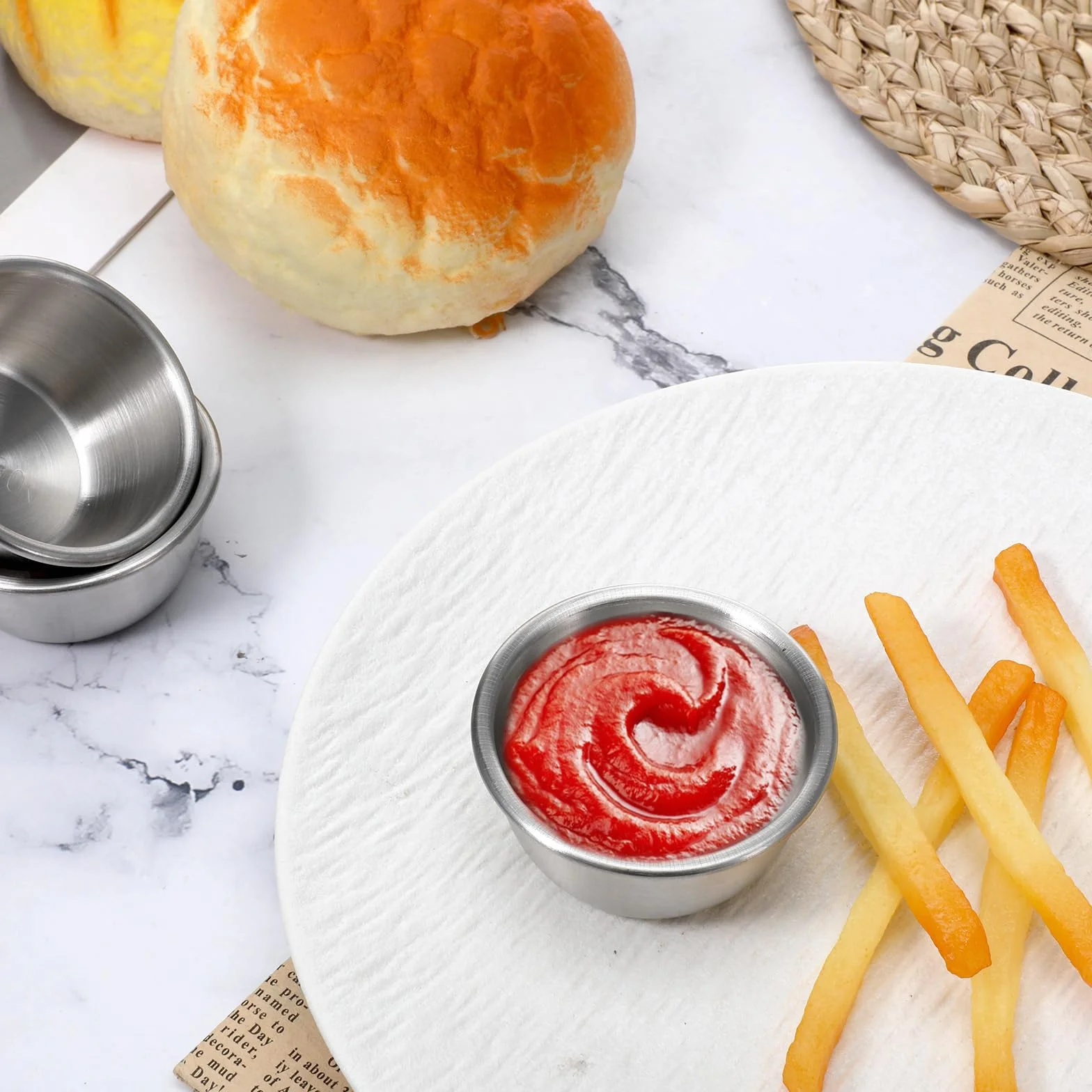 Stal nierdzewna Ramekin kubek do sosu 56 ml mini metalowy pojemnik na przyprawy wielokrotnego użytku
