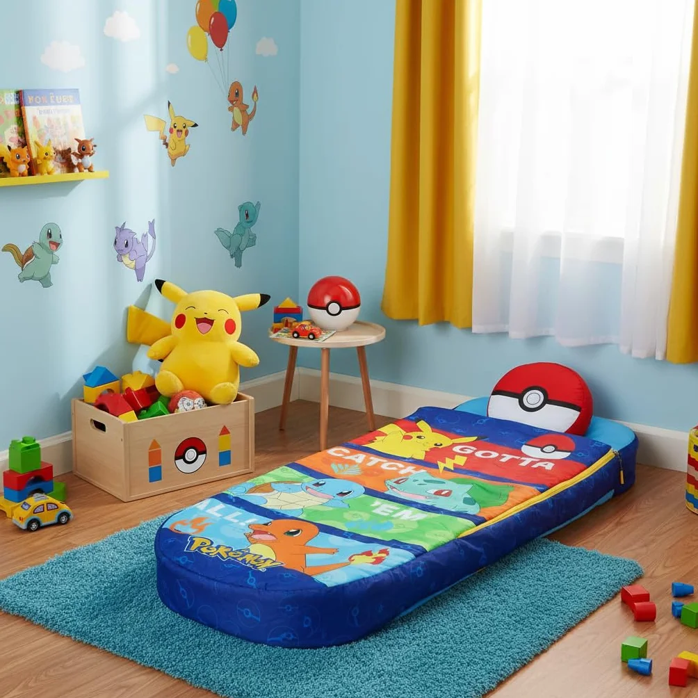 Character World Pokemon ReadyBed nadmuchiwane łóżko dmuchane i śpiwór z pompką, materac podróżny na nocowanie, kemping lub do użytku domowego