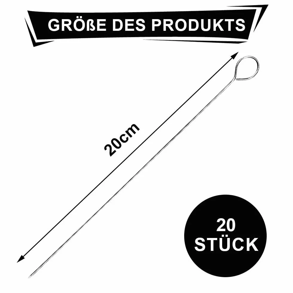 Igły do rolad, 20 sztuk, metalowe szpikulce ze stali nierdzewnej, długie szpikulce do mięsa, do grilla, szaszłyków i warzyw (20 cm x 2,5 mm)
