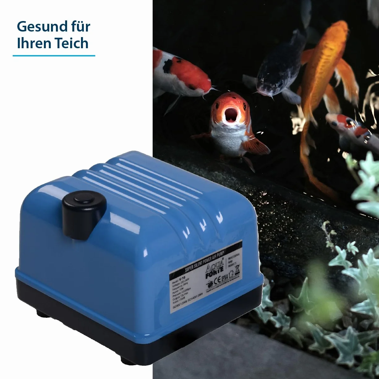 AquaForte Pompa powietrza Hi-Flow V-30, aluminiowa obudowa, cicha i wydajna, moc 25 W, pojemność przy 2 metrach 7 litrów na minutę, maksymalna pojemność stawu 18 m3, bez regulacji