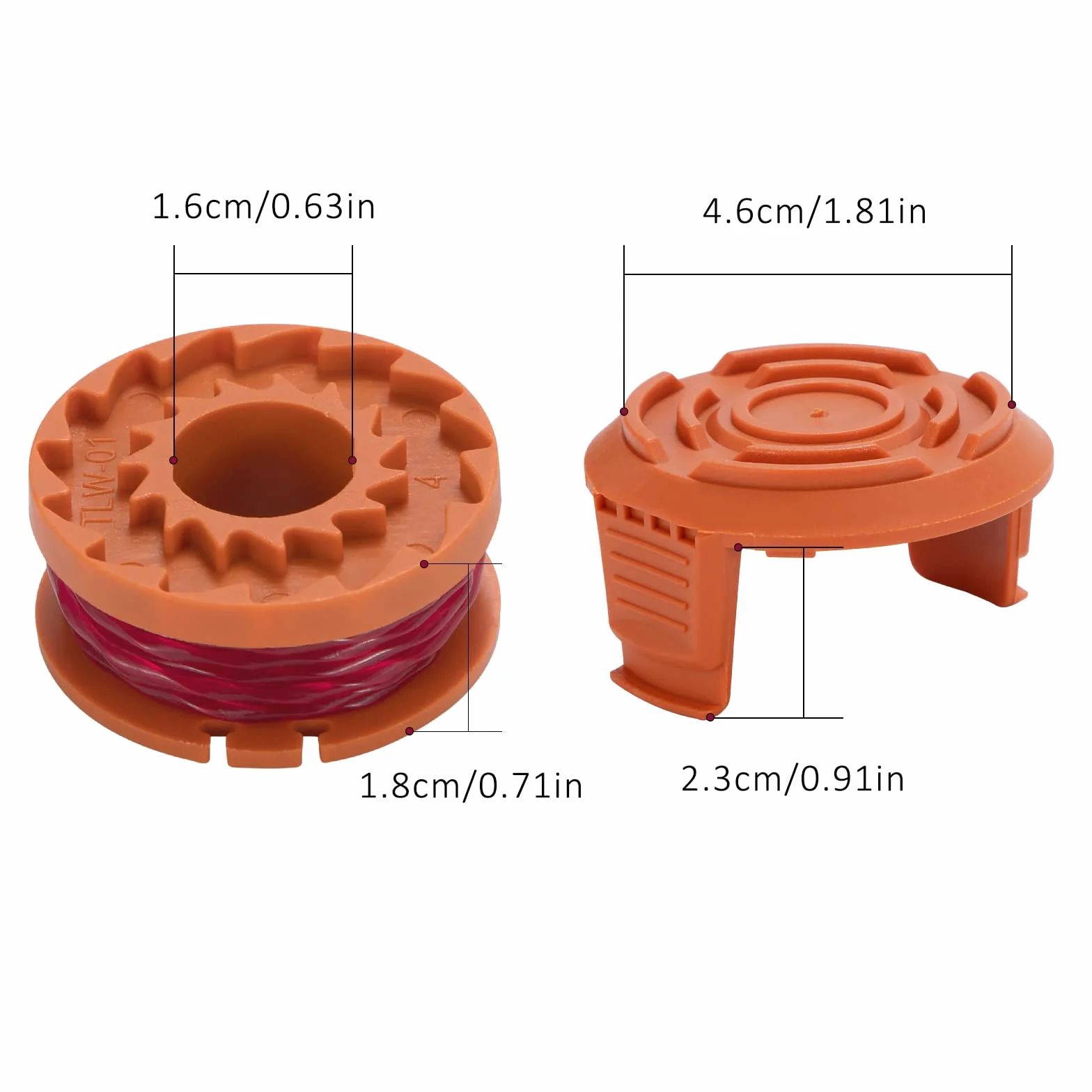 Żyłka zapasowa 1,65 mm, szpula do podkaszarki do trawy, szpula żyłki 3,05 m, kompatybilna z Worx WA0010, 6 szpul, 2 nasadki