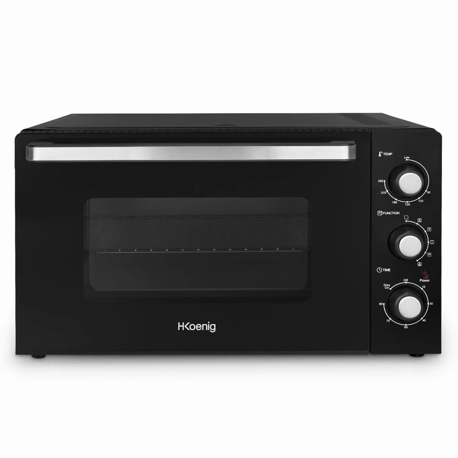 Kompaktowy mini piekarnik FO42 H.Koenig, pojemność 42L, temperatura do 230°C, 5 trybów gotowania, timer do 90 min, ciepło obrotowe/pieczone, z szczypcami, podnośnikiem okruchów i gramofonem, 2000 W
