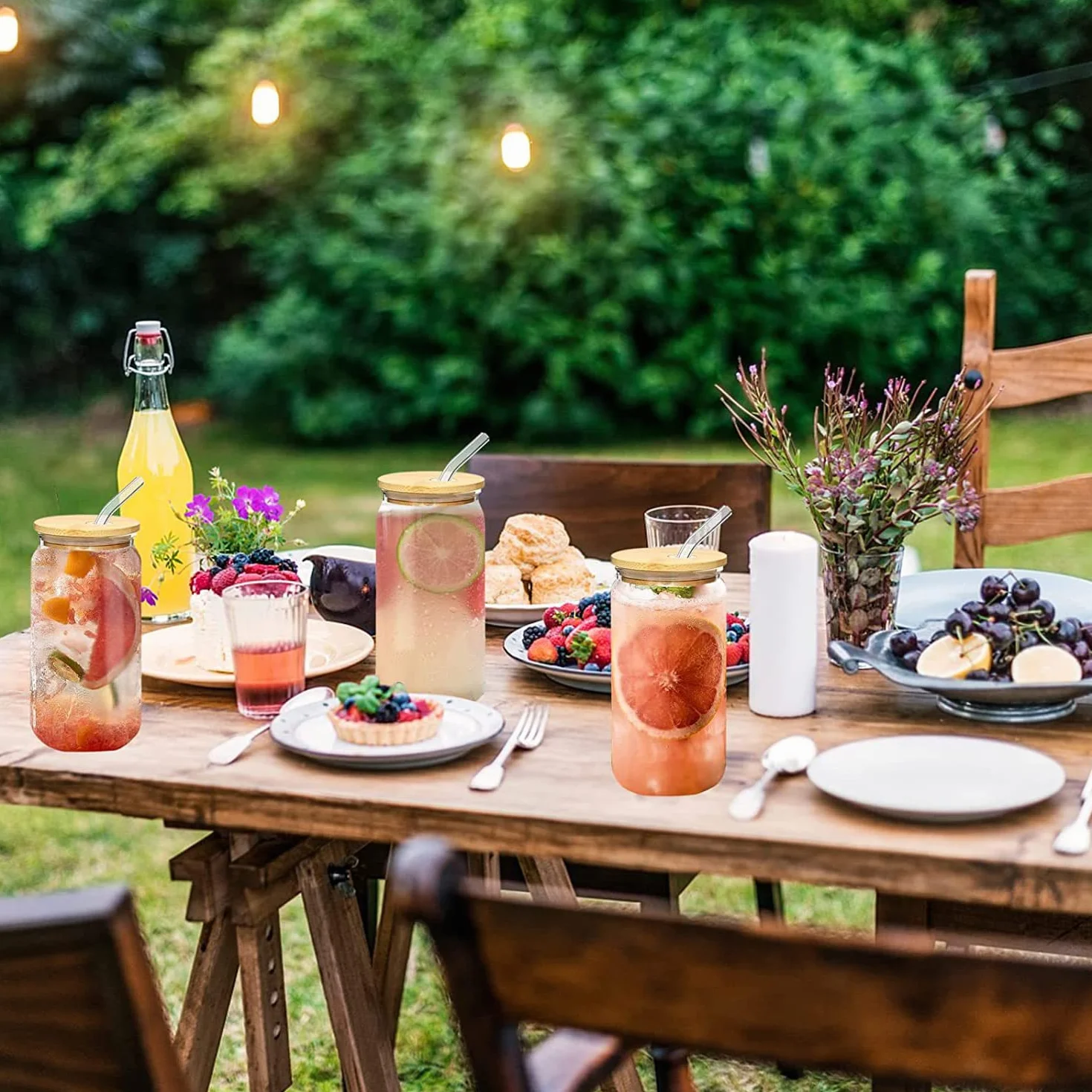 Panngu Bubble Tea kubek z drewnianą pokrywką i słomką, 500 ml (2 szt.), zestaw do wielokrotnego użytku, do koktajli mlecznych, soków, smoothie, piwa