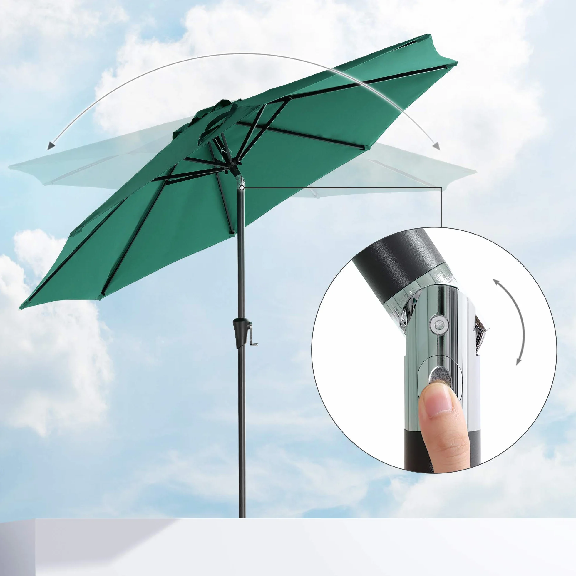 SONGMICS Parasol, Ø 300 cm, parasol ogrodowy, parasol rynkowy, ochrona UV do UPF 50+, parasol ogrodowy, ochrona przeciwsłoneczna, z korbką, bez stojaka, ogród, balkon, taras, ciemnozielony GPU30GN