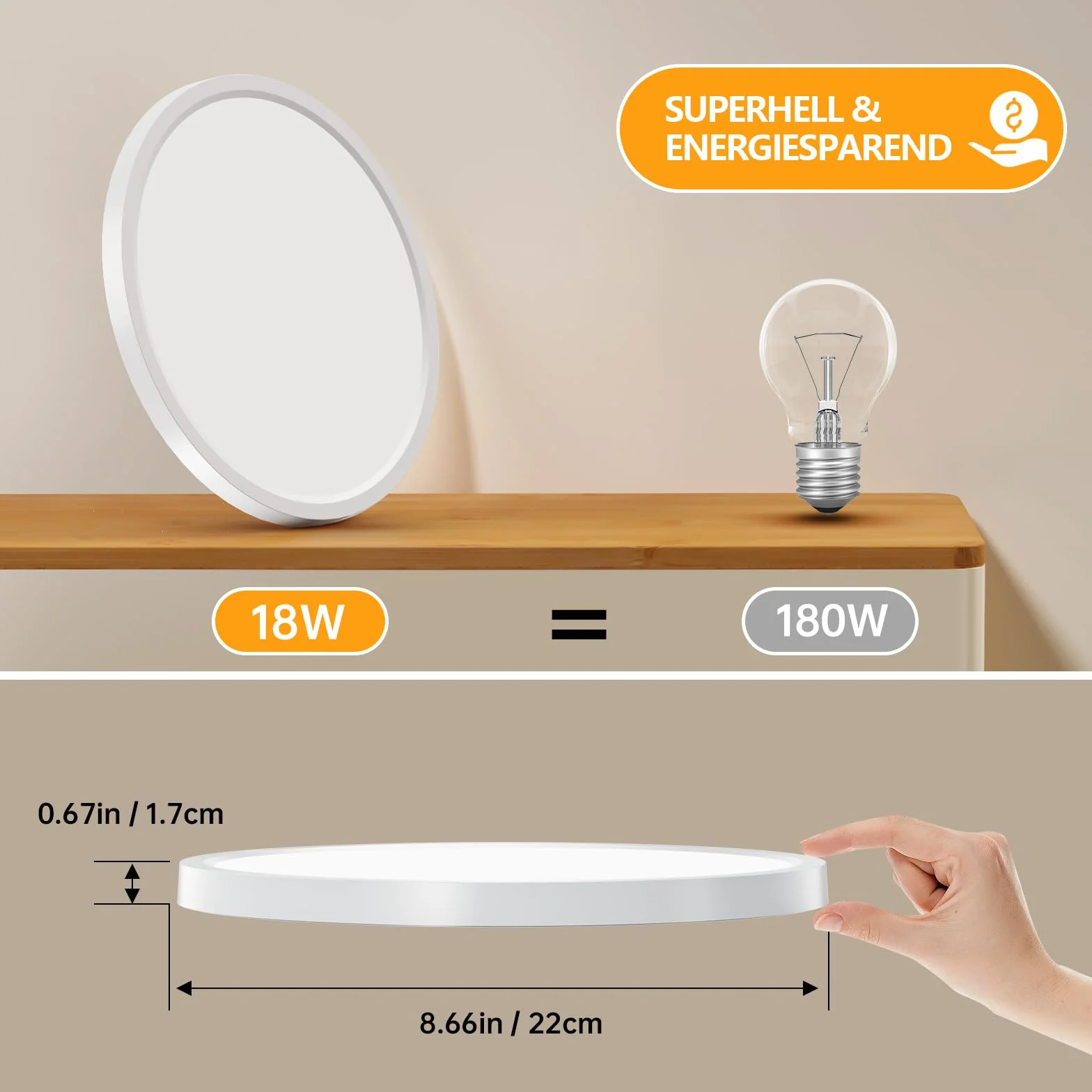 Nowoczesna lampa sufitowa Led 3000K, 18 W, 2448 lm, ciepła biel, okrągła, bardzo cienka wewnętrzna lampa sufitowa do balkonu, łazienki, sypialni, piwnicy, Ø22 cm (2 szt.)