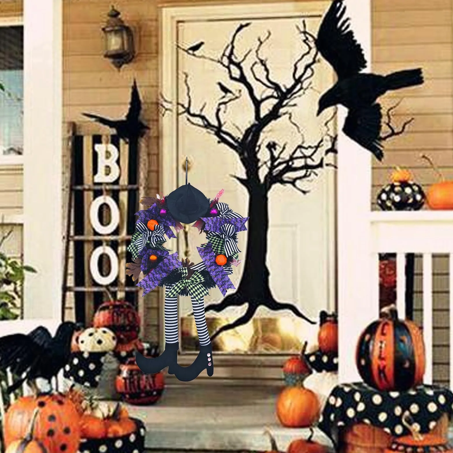 GWAWG Wieniec halloweenowy na drzwi wejściowe, dekoracje na drzwi halloweenowe, kapelusz czarownicy i nogi wiszące nogi dynia liść klonu dekoracja unikalna dekoracja, do drzwi domu na zewnątrz