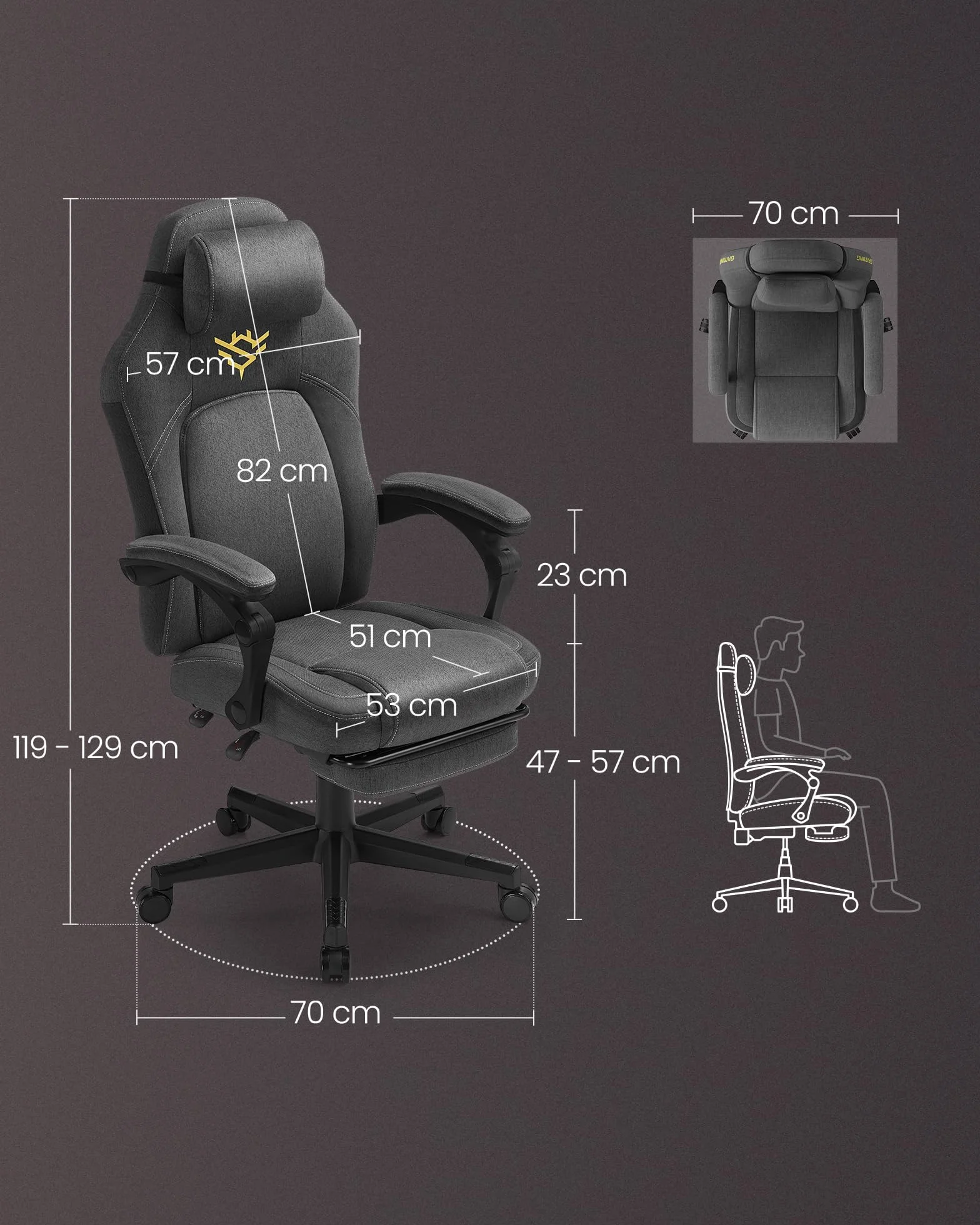 SONGMICS HOME Krzesło do gier, ergonomiczne krzesło komputerowe z podnóżkiem, krzesło biurowe, krzesło obrotowe z poduszką, mieszanka bawełny i lnu, regulacja wysokości, gołębi szary OBG072G01