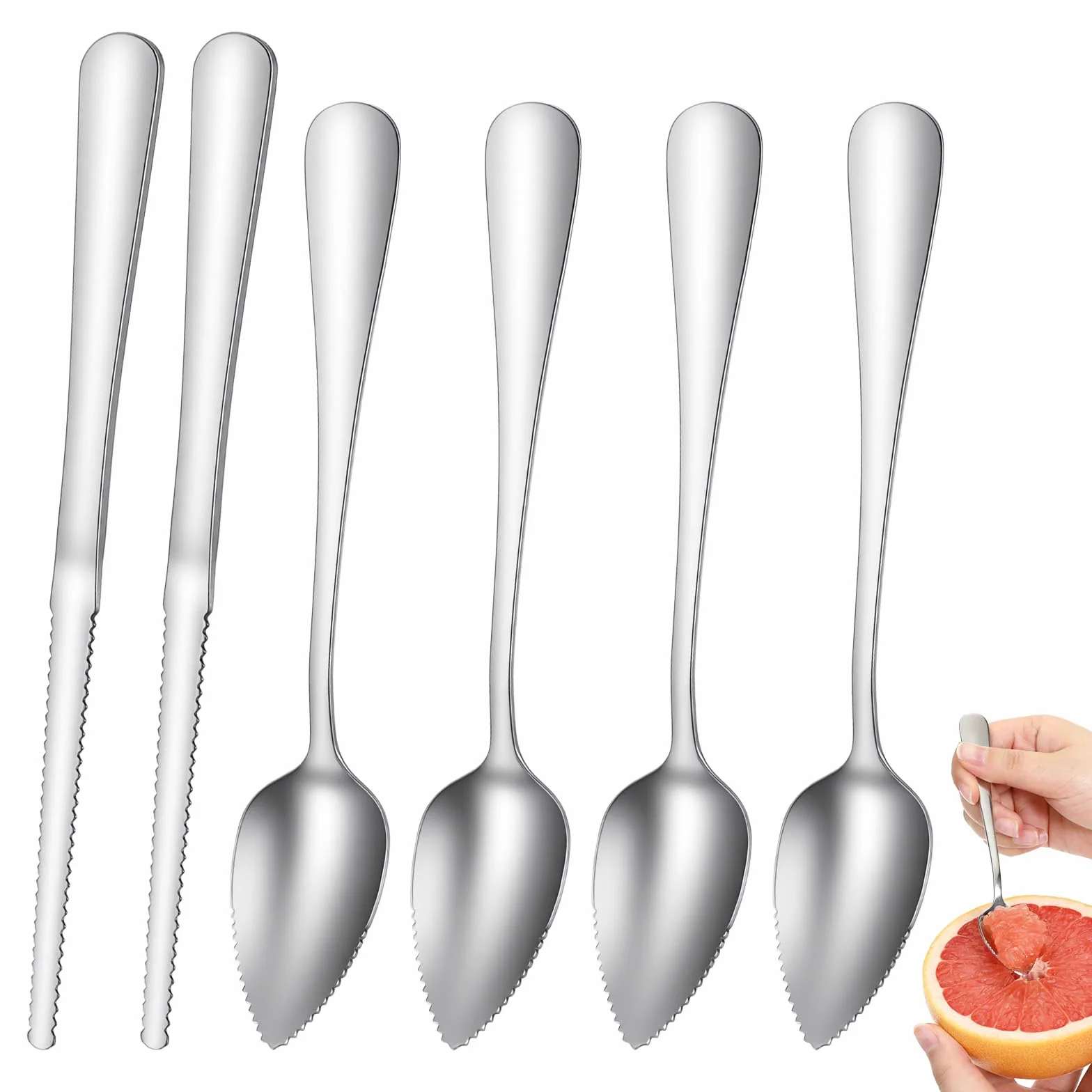 6 sztuk łyżek grejpfrutowych, zestaw noży do grejpfruta, ze stali nierdzewnej, łyżki do grejpfruta, ze szlifem falistym, łyżeczką kiwi, obieraczką pomarańczową, łyżeczką do deserów, kiwi