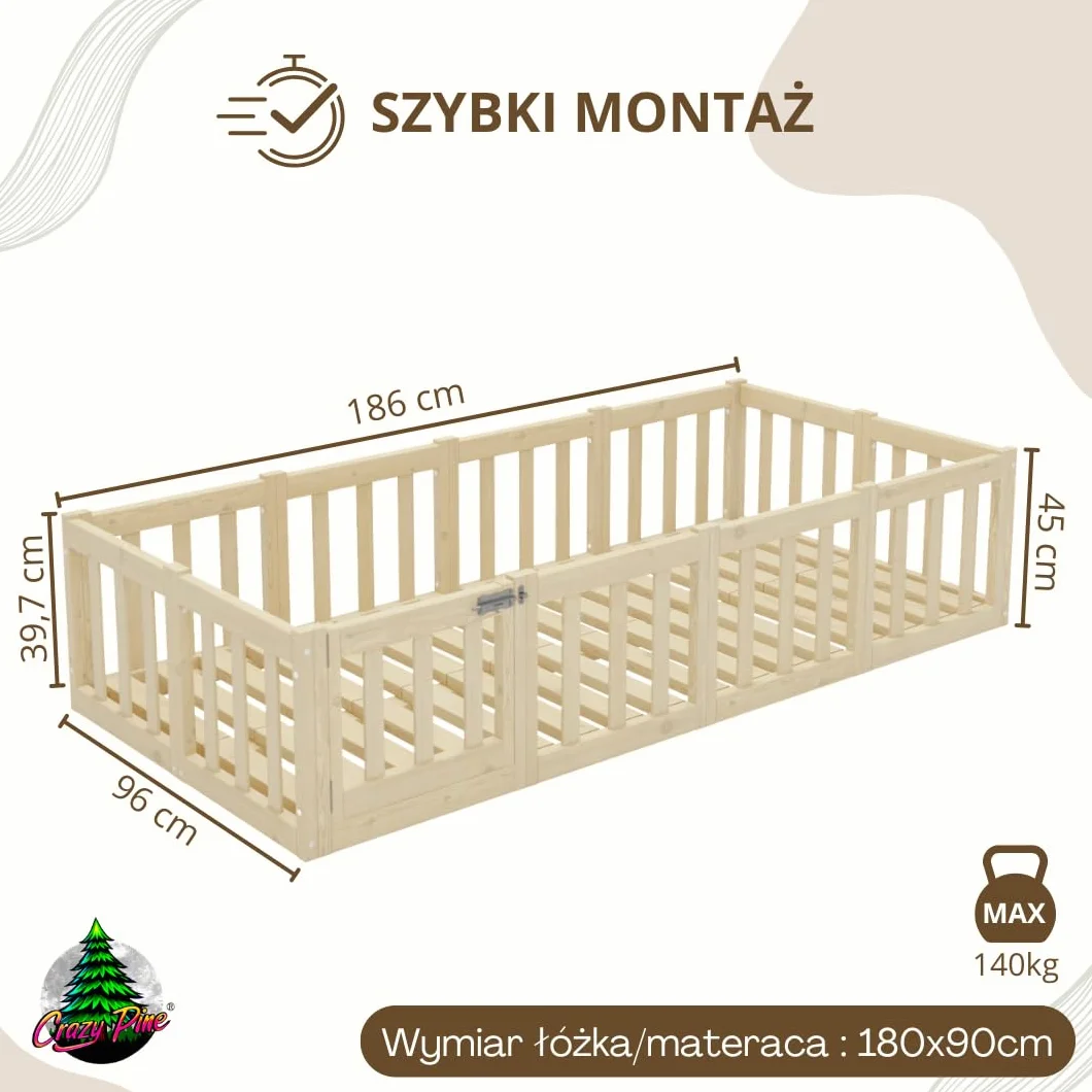 Łóżko dziecięce Crazy Johnny 180 x 90 cm – Montessori łóżko podłogowe z zabezpieczeniem przed wypadnięciem i otwieraną barierką - Bezpieczne dla najmłodszych - Łatwy montaż