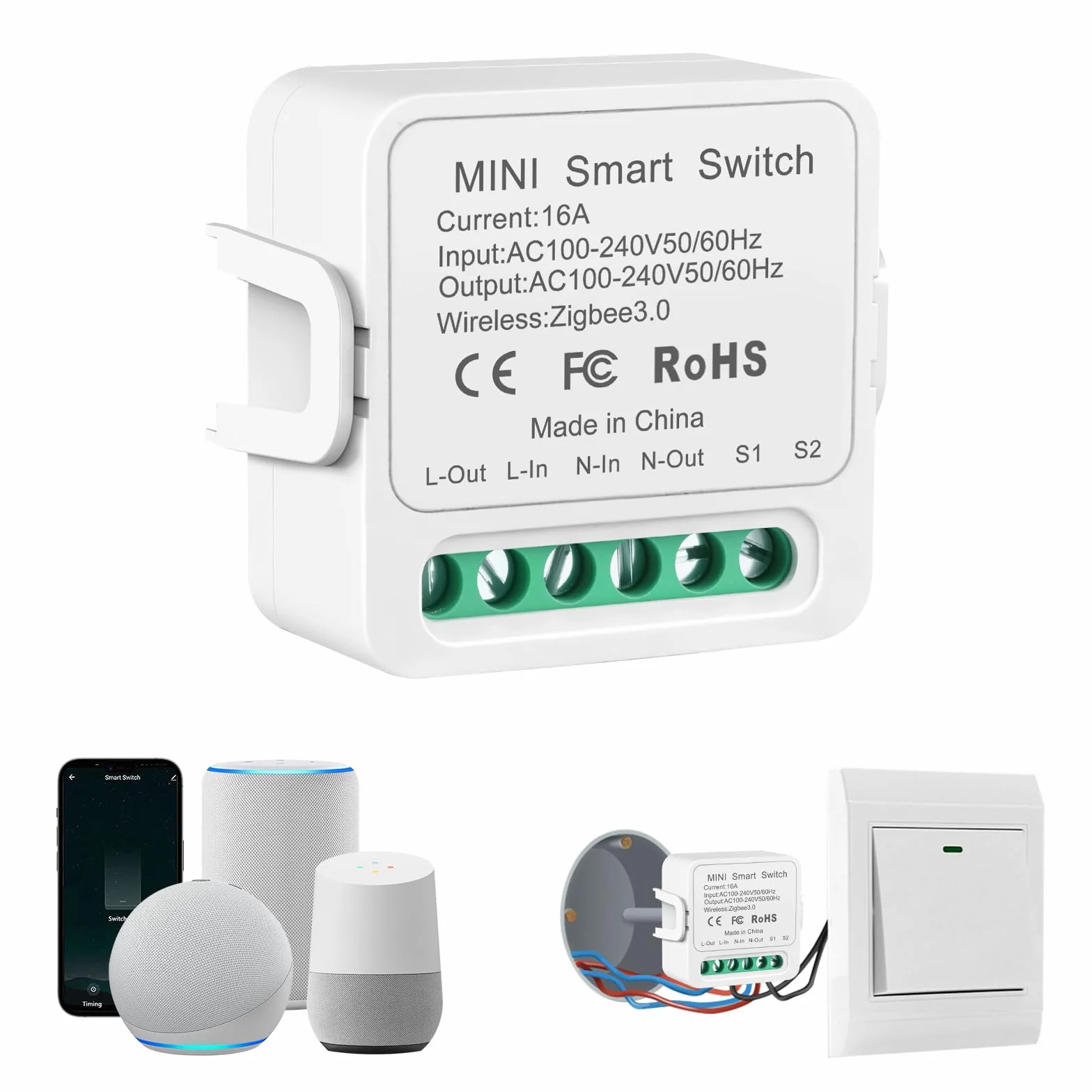 Zigbee Smart Switch, przełącznik światła Alexa, mini inteligentny włącznik światła, sterowanie głosem za pomocą Alexa i Google Home, wymagany przewód neutralny