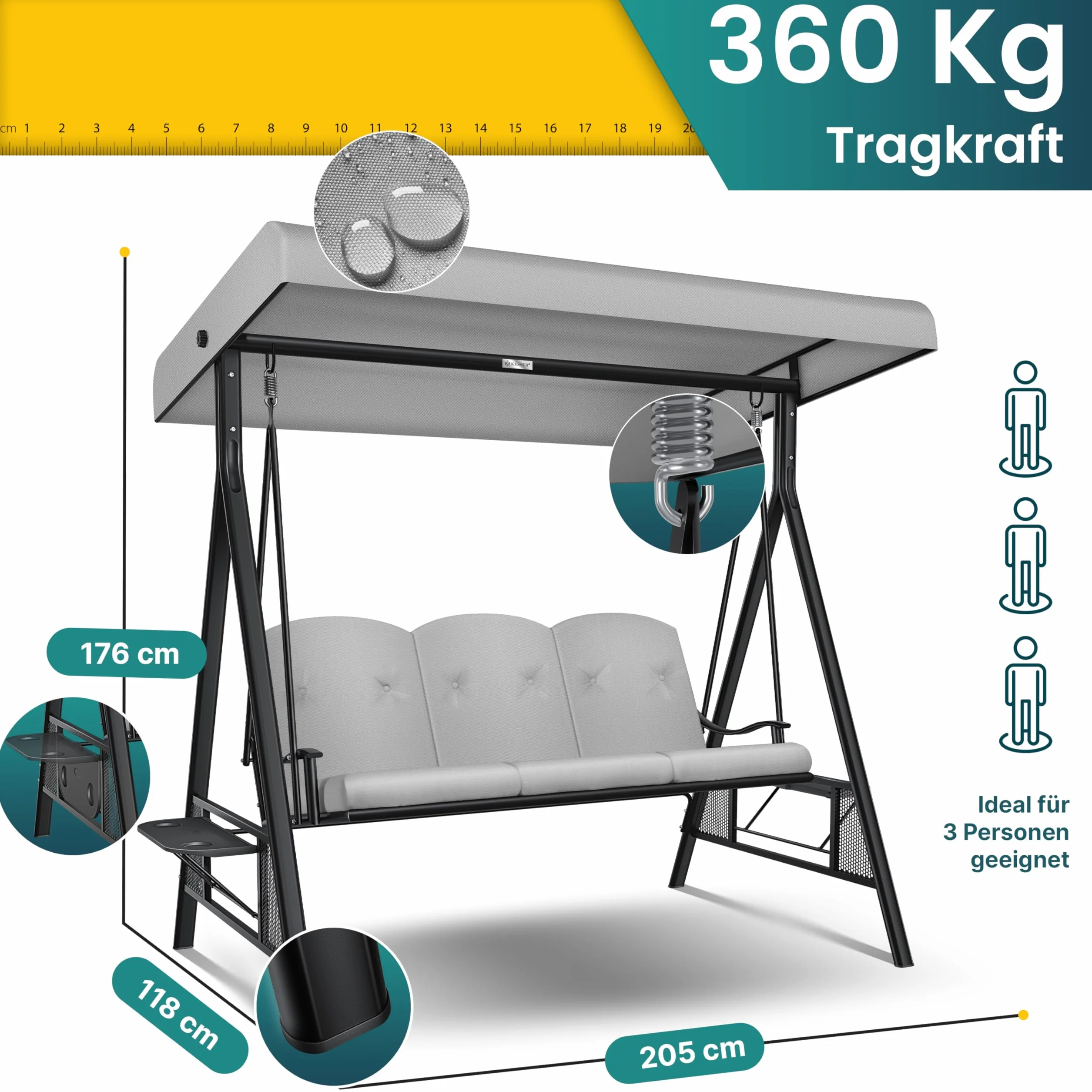 KESSER® Huśtawka ogrodowa z dachem przeciwsłonecznym 3-osobowa i nakładka na siedzisko | huśtawka ogrodowa o obciążeniu do 360 kg | leżak ogrodowy z antypoślizgowymi nóżkami | ławka huśtawka odporna