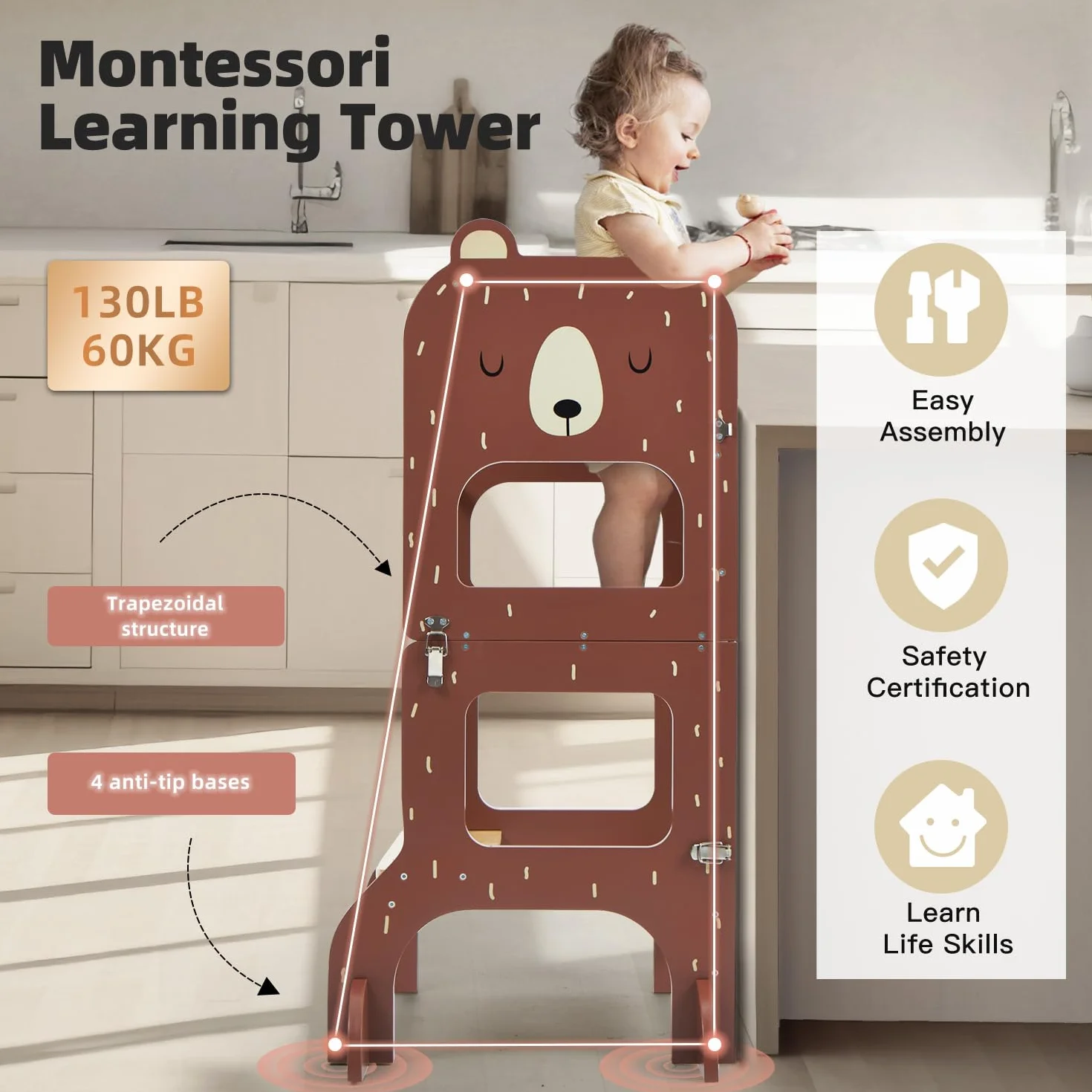 labebe Montessori Learning Tower, składana wieża edukacyjna dla dzieci, 2 w 1, z tablicami informacyjnymi, od 1 roku życia, brązowy niedźwiedź
