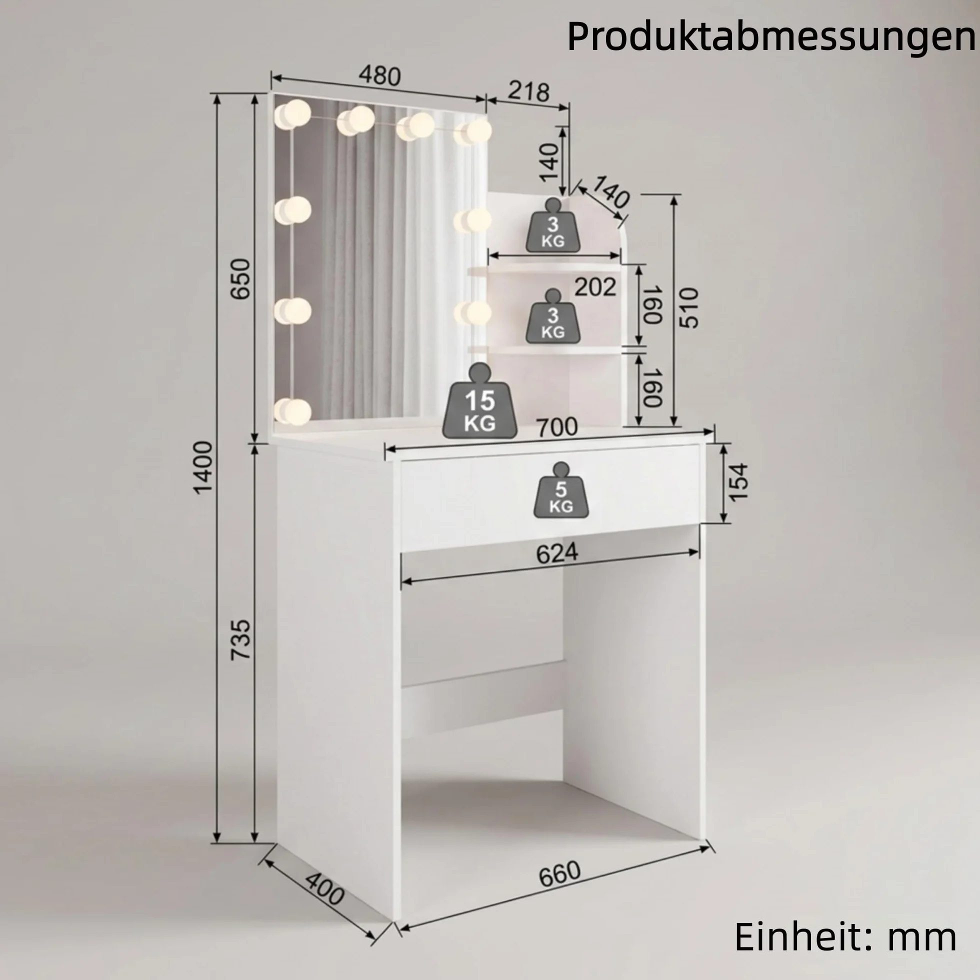 SONNI Toaletka z 10 oświetleniem LED i lusterkiem HD, z 10 stopniami regulacji jasności, 3 kolorami, toaletka z szufladami do sypialni, 3 otwarte przegrody, biała, 70x40x140cm
