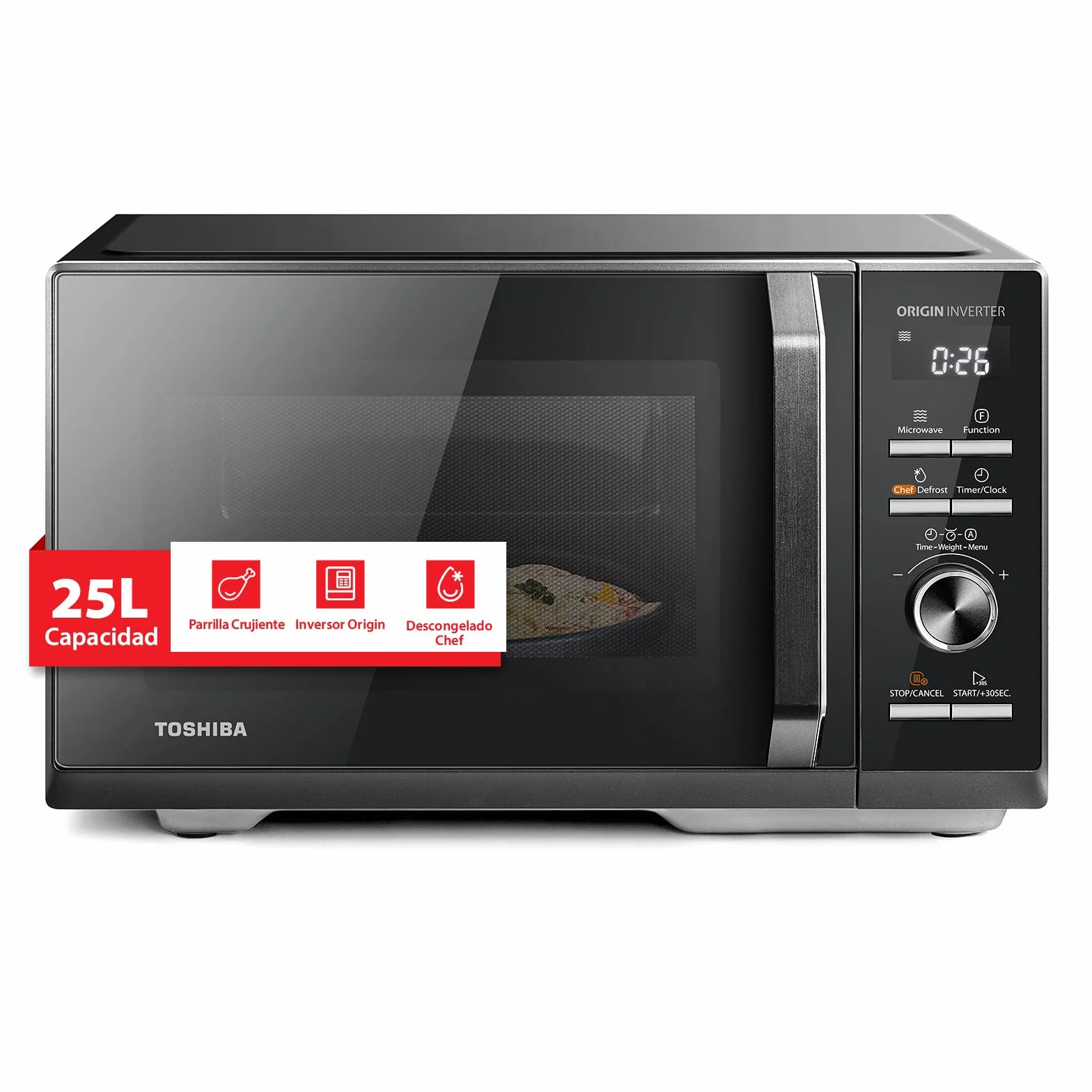 Toshiba 3 w 1 Origin Inverter kuchenka mikrofalowa z grillem, 25 litrów, kuchenka mikrofalowa 900 W, grill 1100 W, szef kuchni derost, kombi, 10 poziomów mocy, 7 automatycznych menu, kolor czarny/MW3